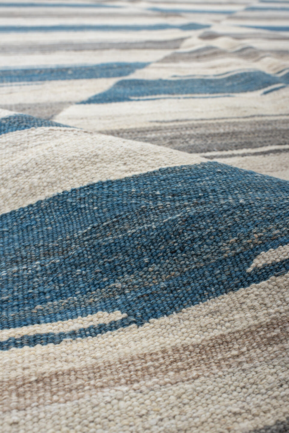 10' x 13' one-of-a-kind handmade vintage Kilim large size rug. Color palette: ivory, blue, gray, taupe, beige