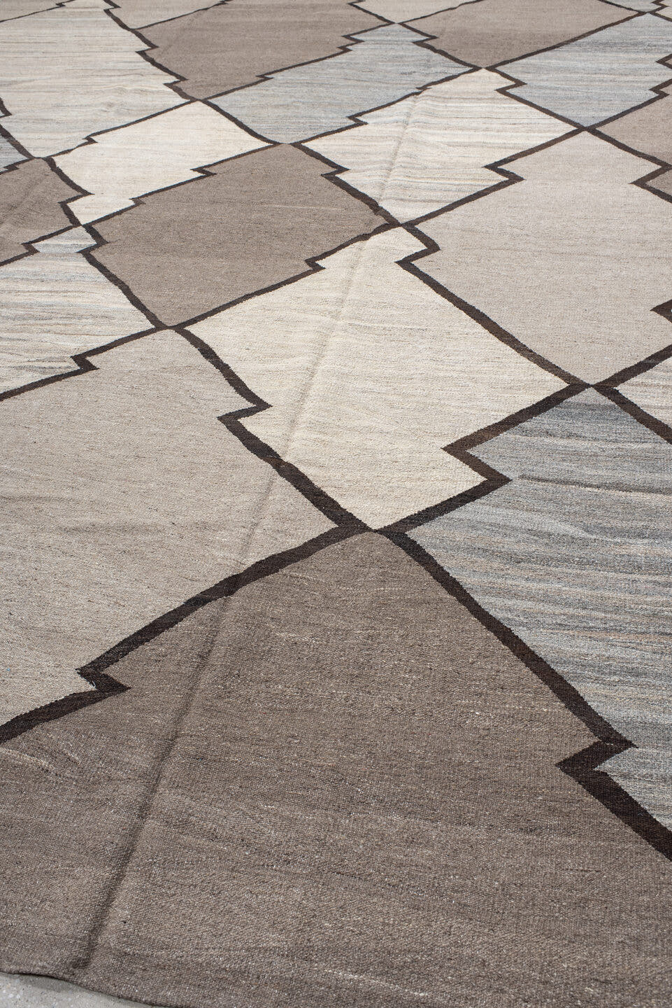 10' x 13' one-of-a-kind handmade vintage Kilim large size rug. Color palette: taupe, ivory, gray, charcoal, slate, beige