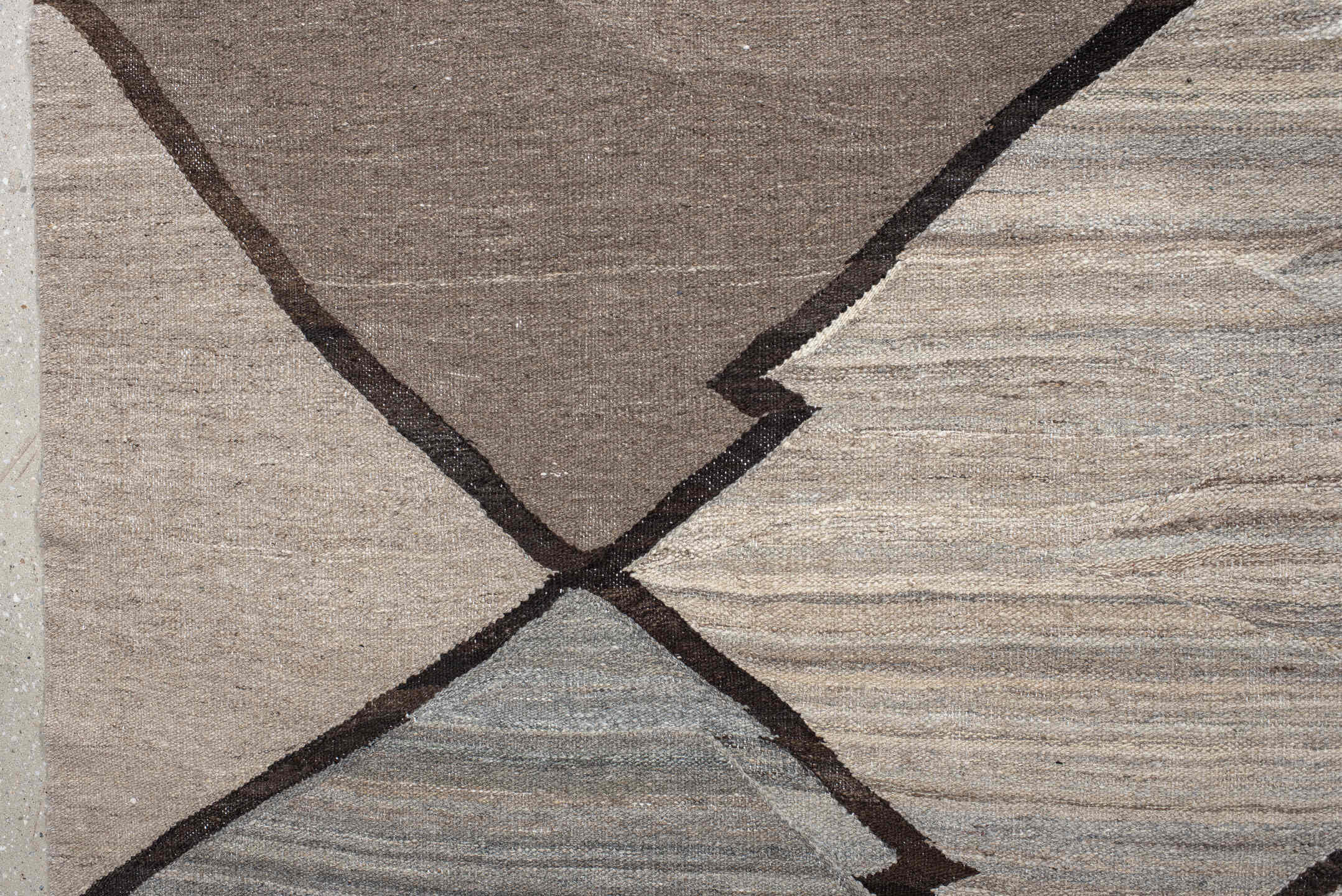 10' x 13' one-of-a-kind handmade vintage Kilim large size rug. Color palette: taupe, ivory, gray, charcoal, slate, beige