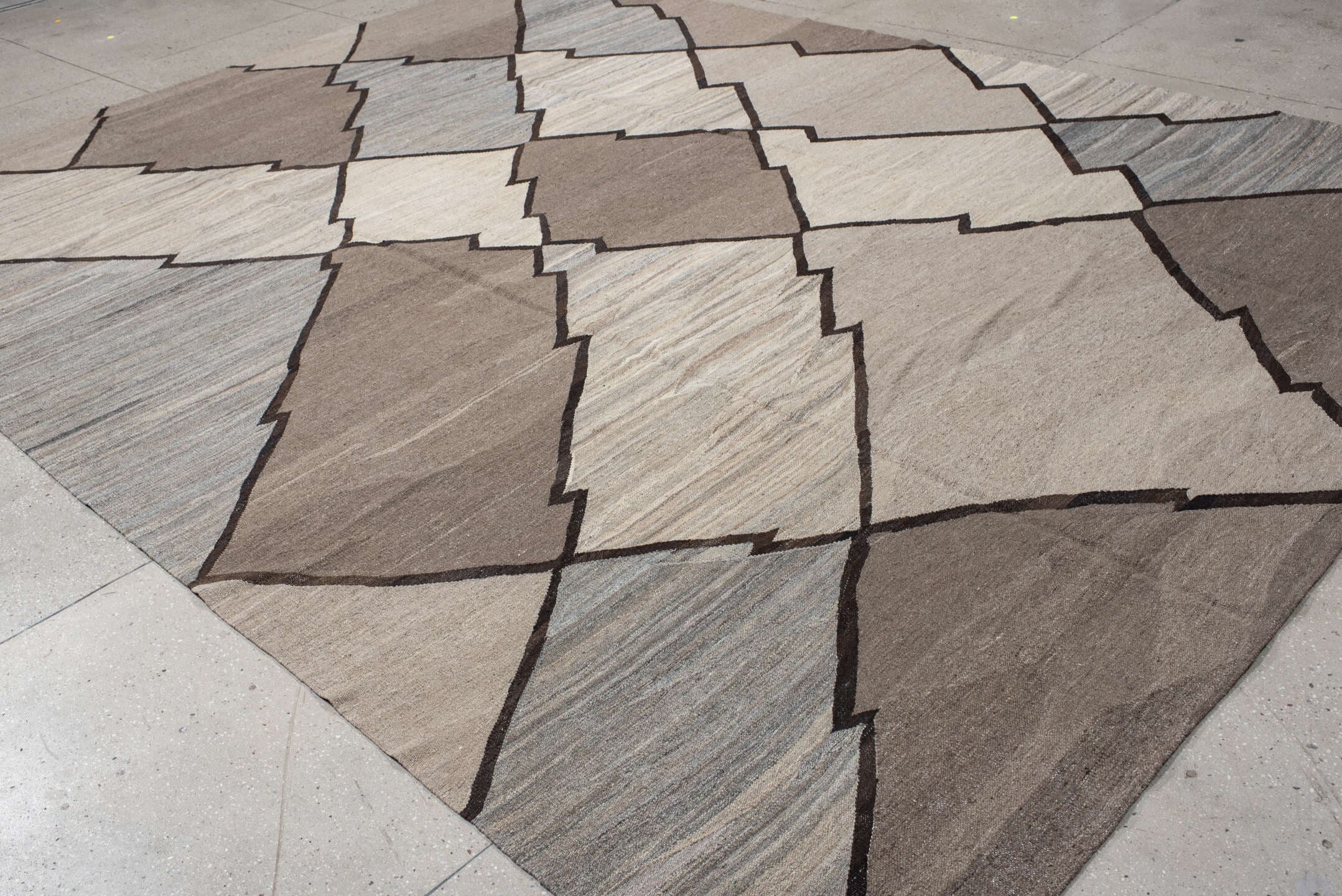 10' x 13' one-of-a-kind handmade vintage Kilim large size rug. Color palette: taupe, ivory, gray, charcoal, slate, beige