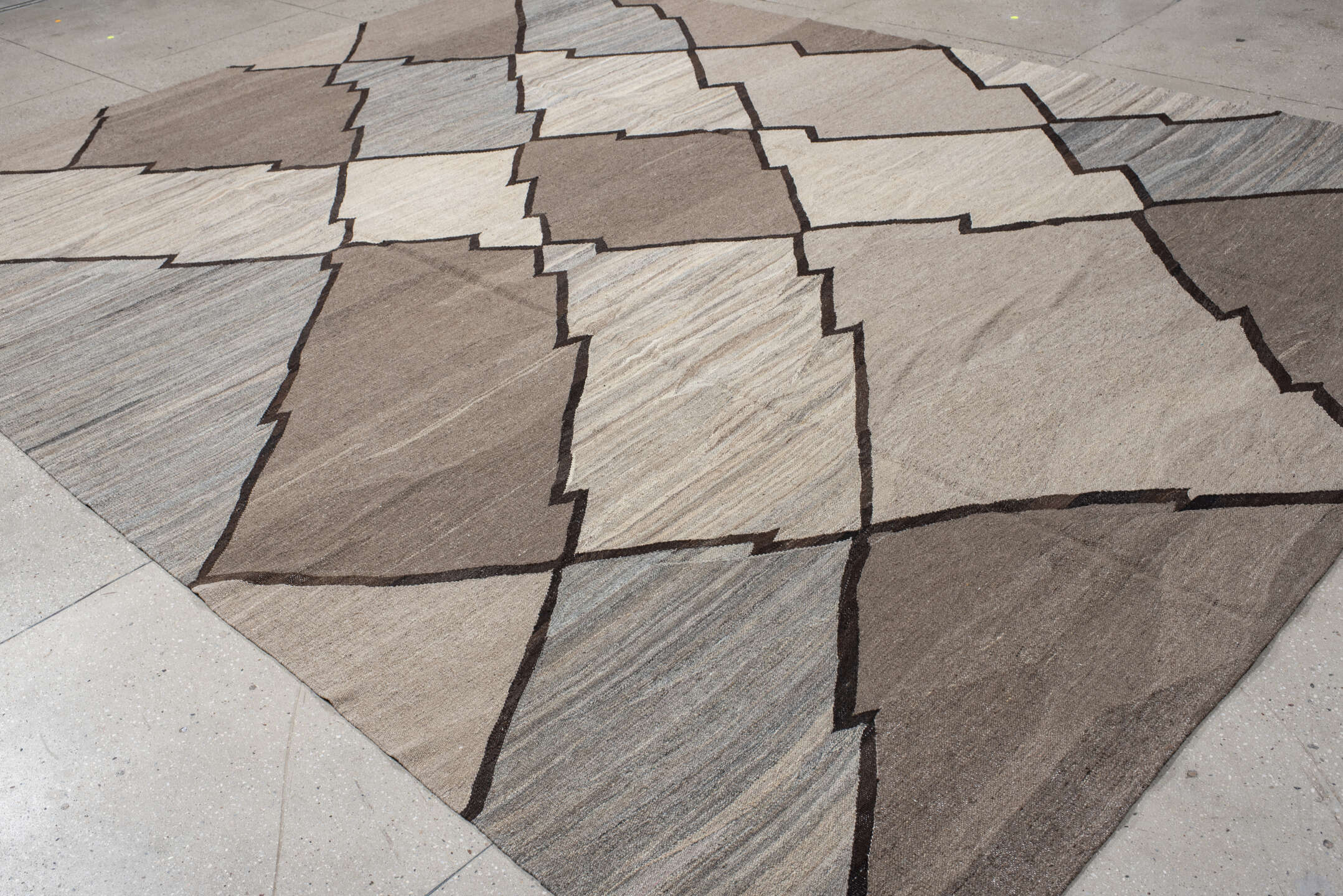 10' x 13' one-of-a-kind handmade vintage Kilim large size rug. Color palette: taupe, ivory, gray, charcoal, slate, beige
