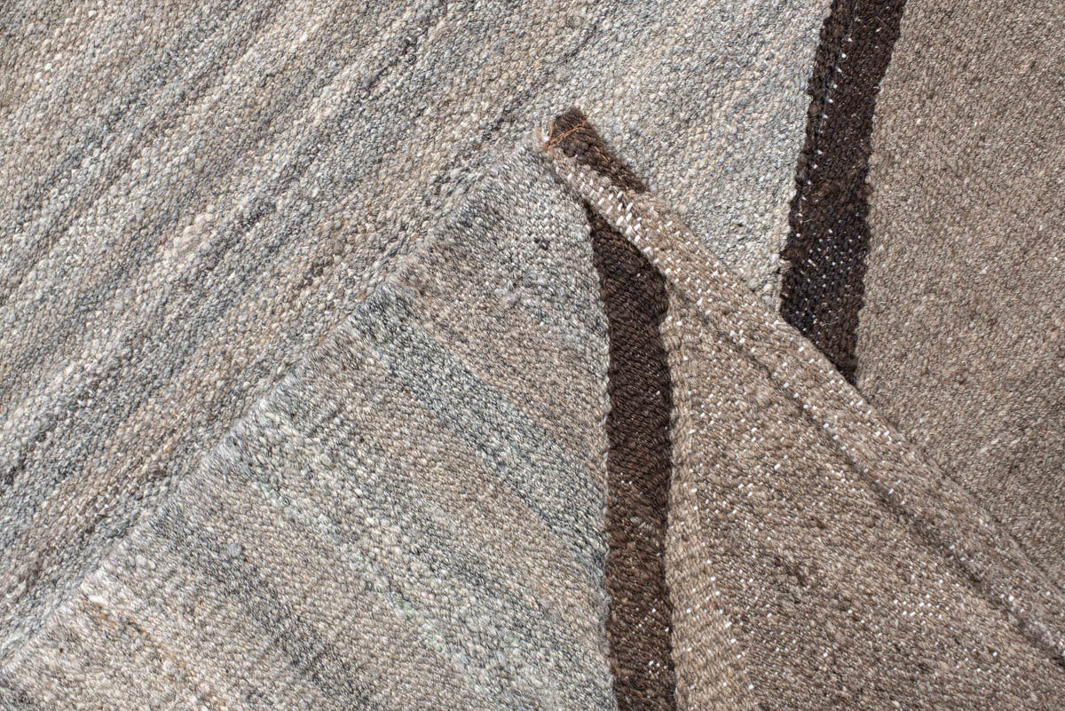 10' x 13' one-of-a-kind handmade vintage Kilim large size rug. Color palette: taupe, ivory, gray, charcoal, slate, beige