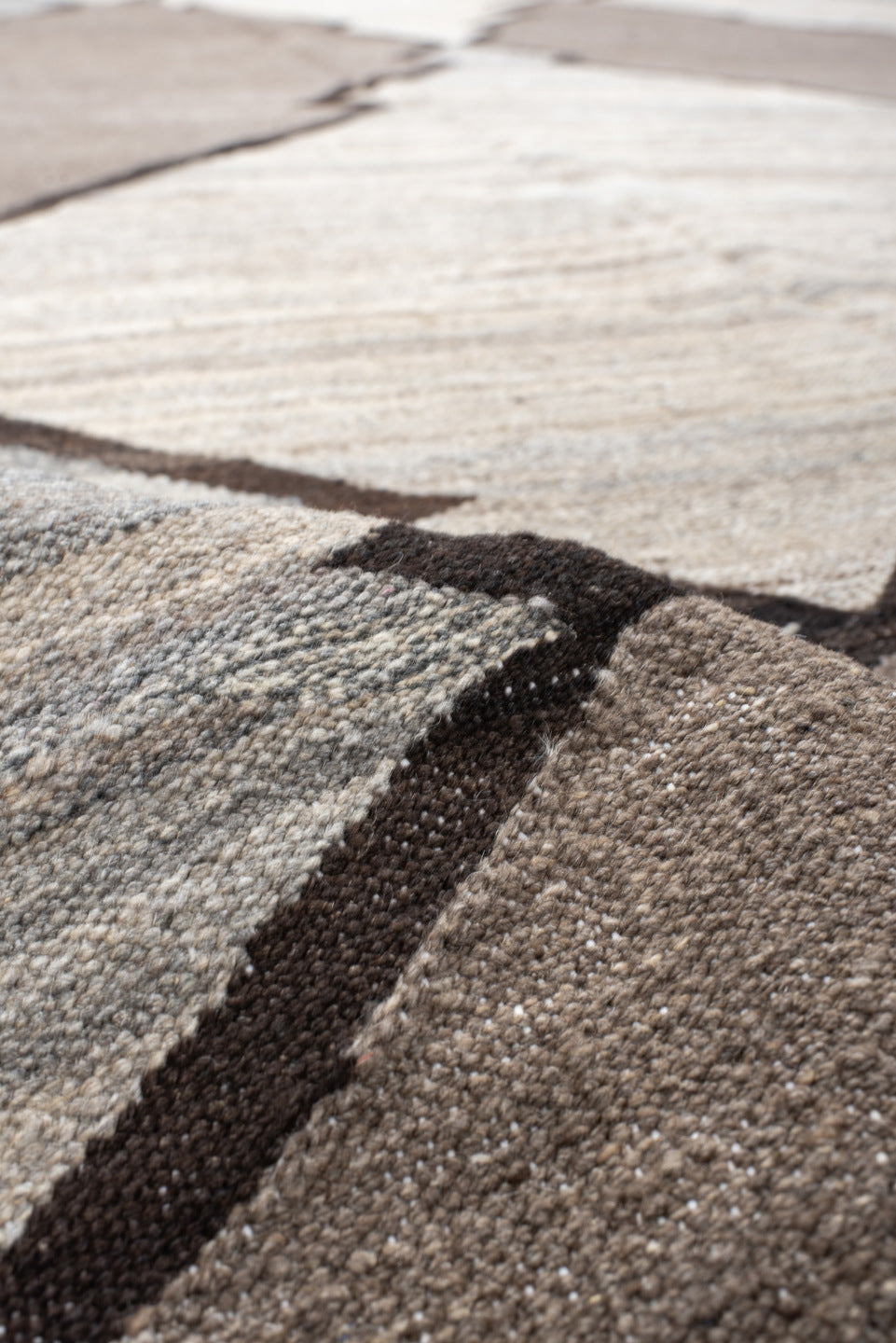 10' x 13' one-of-a-kind handmade vintage Kilim large size rug. Color palette: taupe, ivory, gray, charcoal, slate, beige