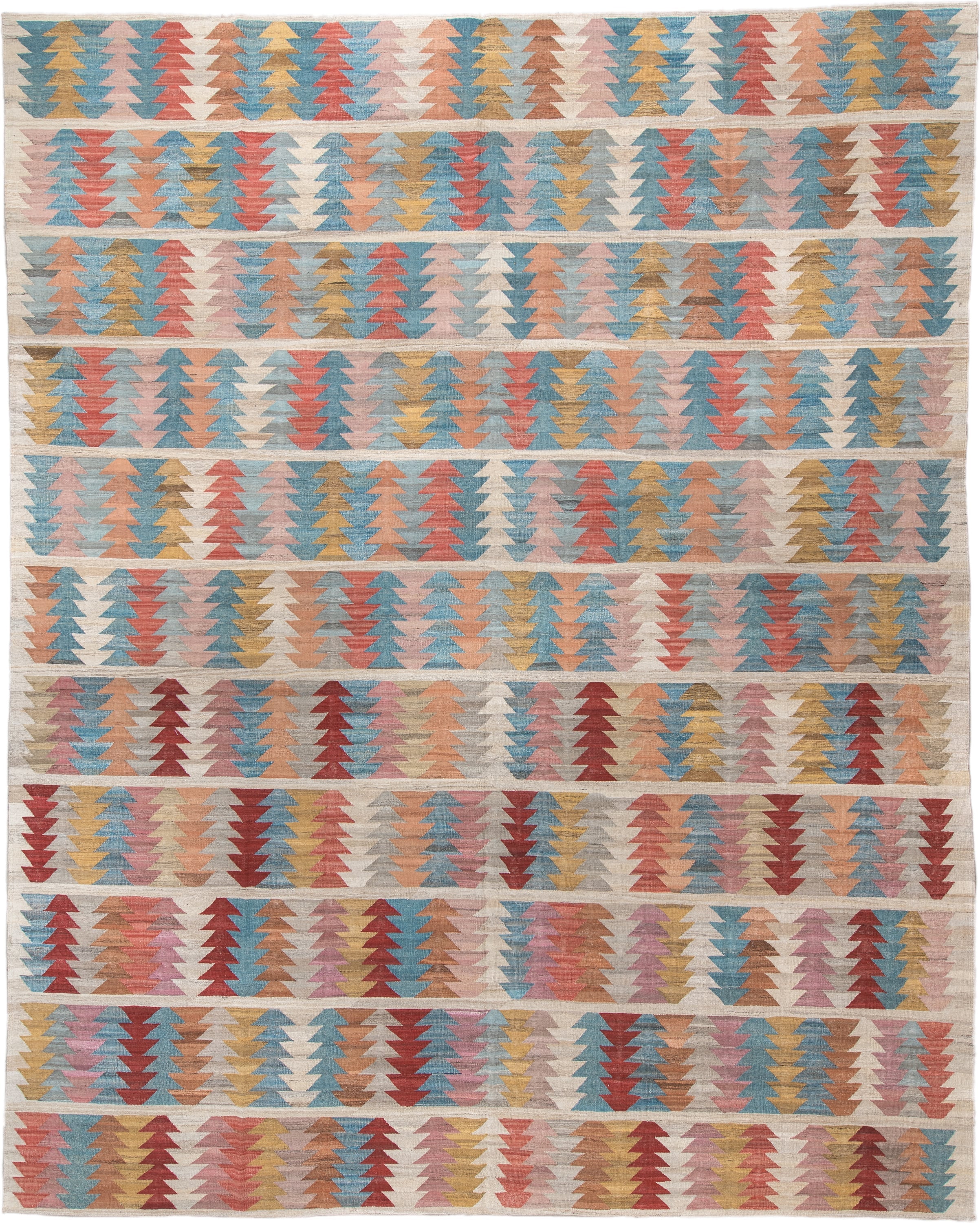 14' x 17' one-of-a-kind handmade vintage Kilim oversize rug. Color palette: ivory, sky_blue, rose, coral, gold, taupe