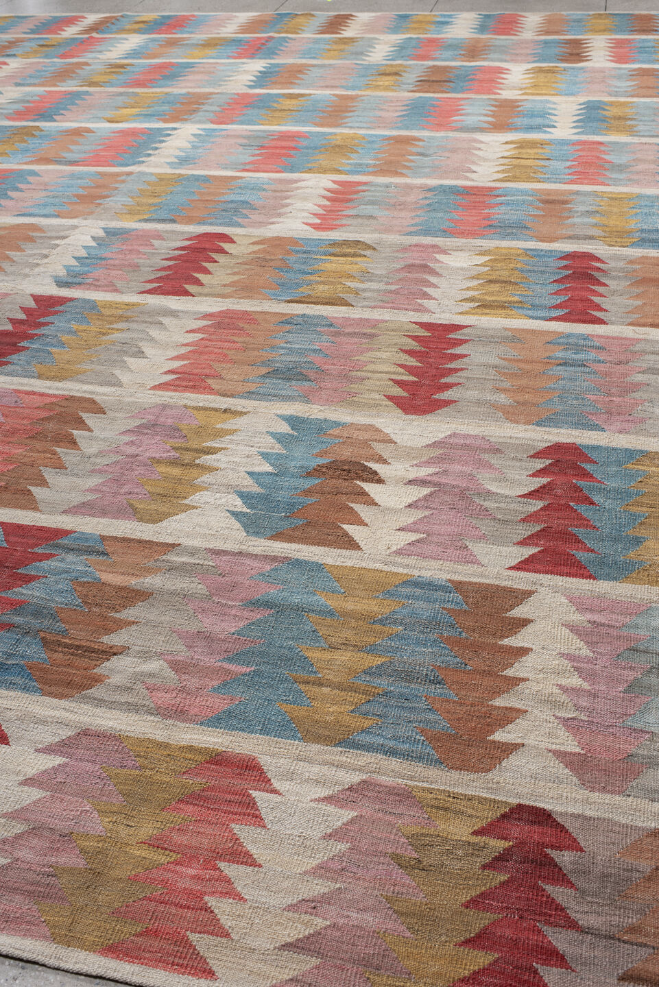 14' x 17' one-of-a-kind handmade vintage Kilim oversize rug. Color palette: blue, brown, dark gray, gray, light blue