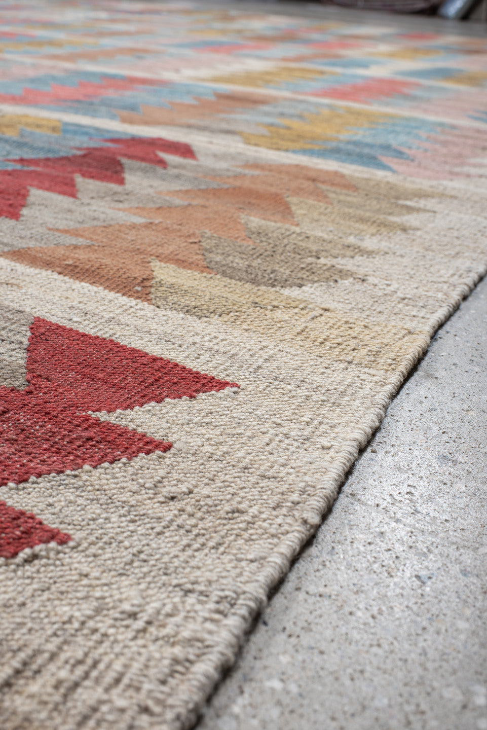 14' x 17' one-of-a-kind handmade vintage Kilim oversize rug. Color palette: ivory, sky_blue, rose, coral, gold, taupe