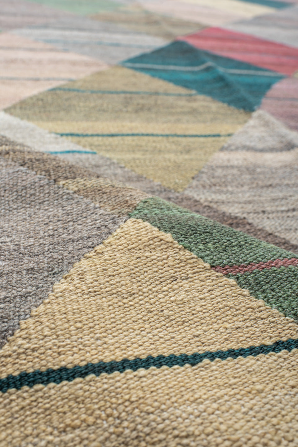 13' x 17' one-of-a-kind handmade vintage Kilim oversize rug. Color palette: taupe, teal, sage, rose, ivory, gold, gray