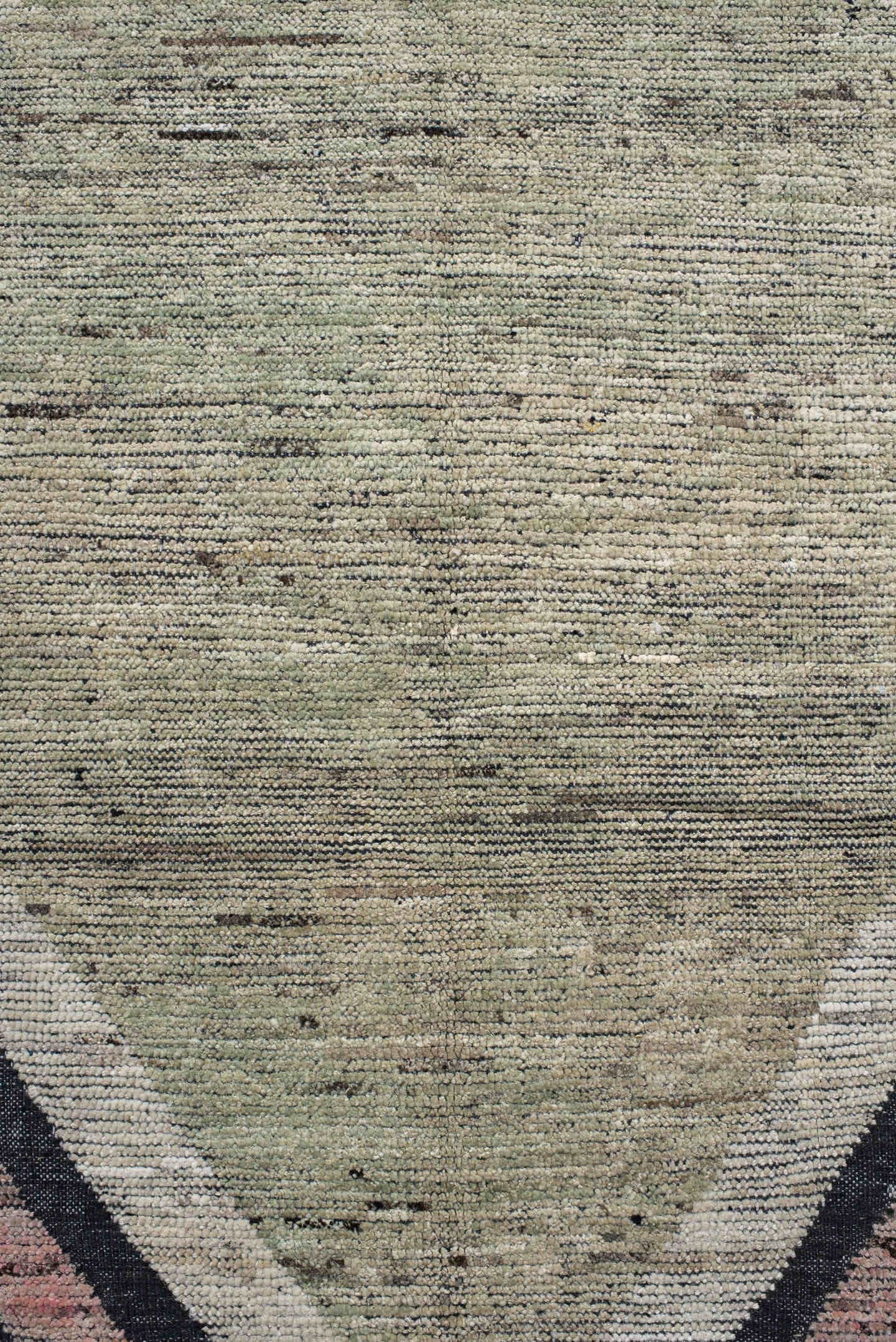12' x 15' one-of-a-kind handmade vintage Tulu oversize rug. Color palette: sage, charcoal, ivory, blush, slate, green, gray