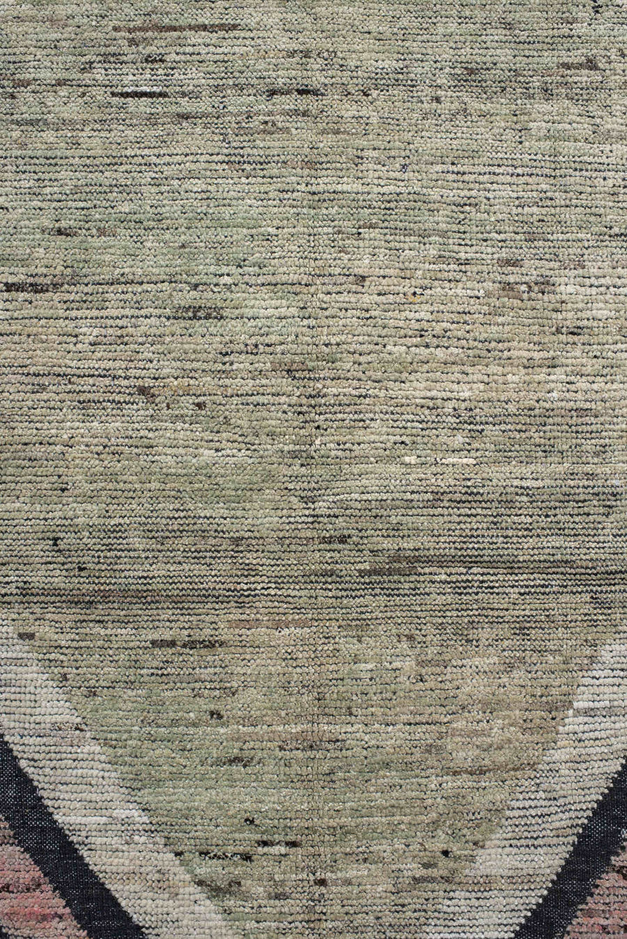 12' x 15' one-of-a-kind handmade vintage Tulu oversize rug. Color palette: sage, charcoal, ivory, blush, slate, green, gray