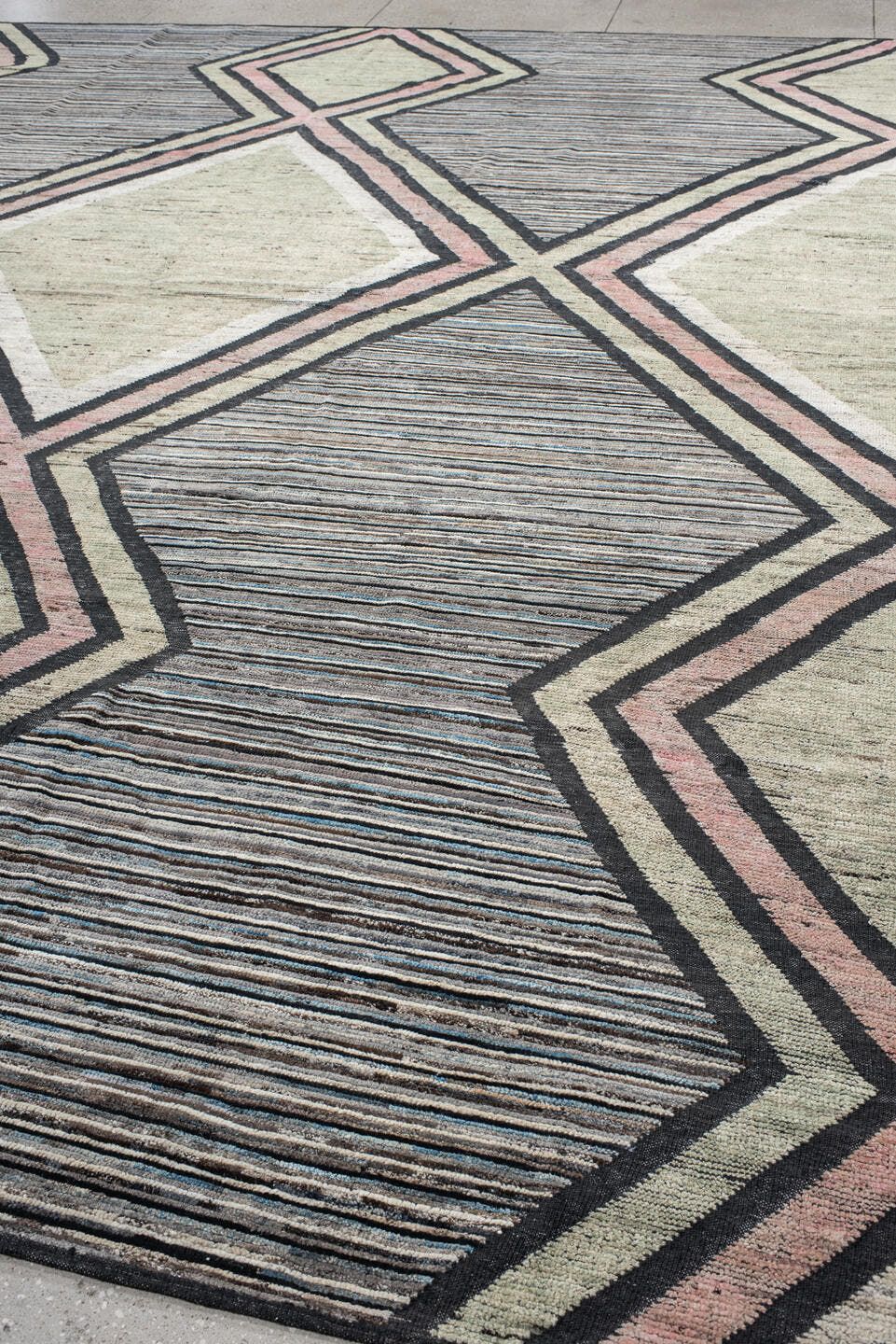 12' x 15' one-of-a-kind handmade vintage Tulu oversize rug. Color palette: sage, charcoal, ivory, blush, slate, green, gray