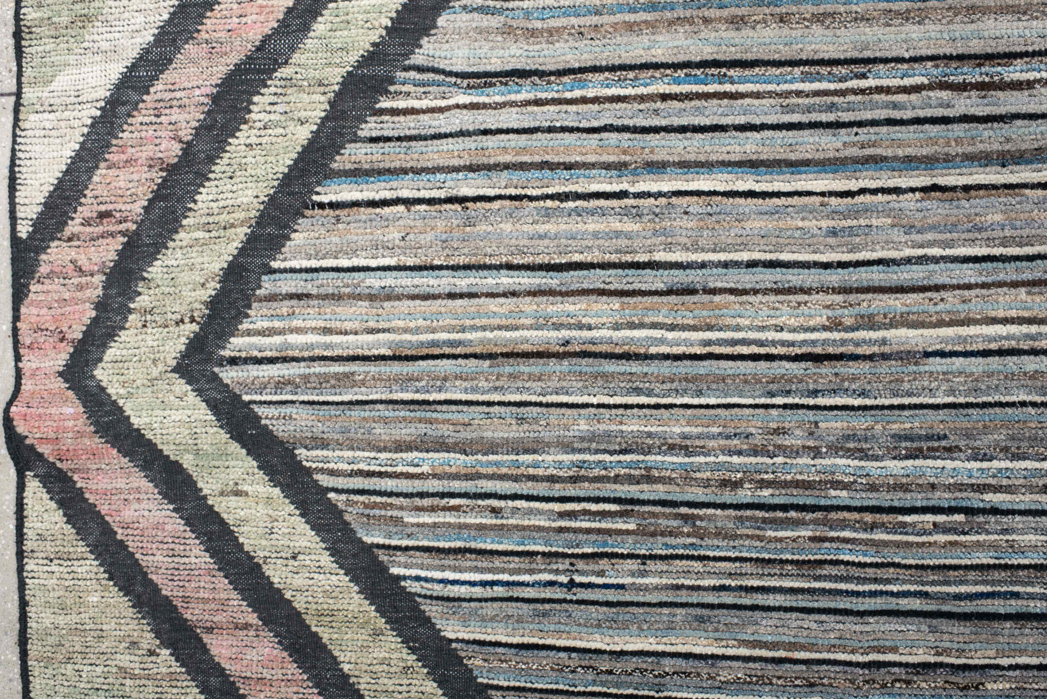 12' x 15' one-of-a-kind handmade vintage Tulu oversize rug. Color palette: sage, charcoal, ivory, blush, slate, green, gray