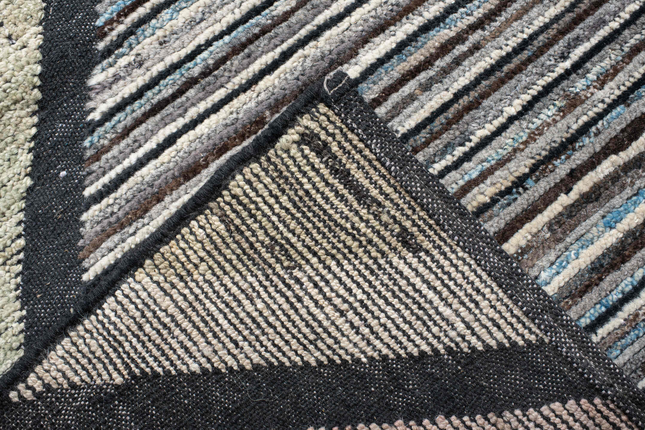 12' x 15' one-of-a-kind handmade vintage Tulu oversize rug. Color palette: sage, charcoal, ivory, blush, slate, green, gray