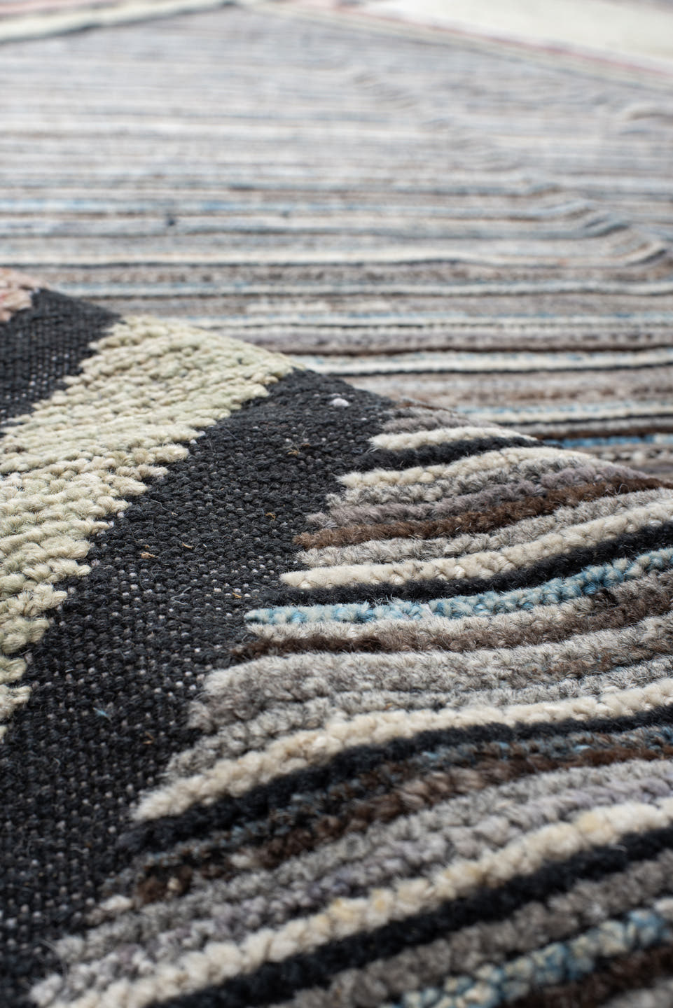 12' x 15' one-of-a-kind handmade vintage Tulu oversize rug. Color palette: sage, charcoal, ivory, blush, slate, green, gray