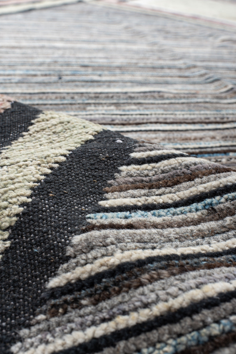 12' x 15' one-of-a-kind handmade vintage Tulu oversize rug. Color palette: sage, charcoal, ivory, blush, slate, green, gray