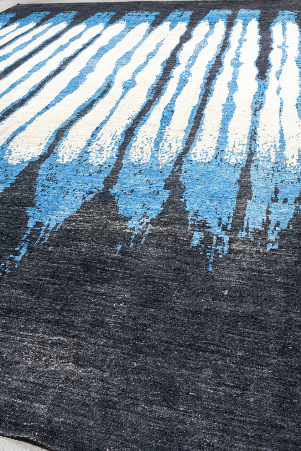 13' x 19' one-of-a-kind handmade vintage Tulu oversize rug. Color palette: ivory, charcoal, cobalt, sky_blue, gray, black