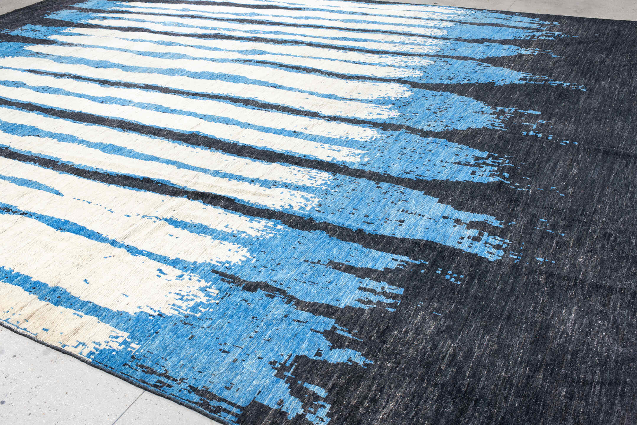 13' x 19' one-of-a-kind handmade vintage Tulu oversize rug. Color palette: ivory, charcoal, cobalt, sky_blue, gray, black