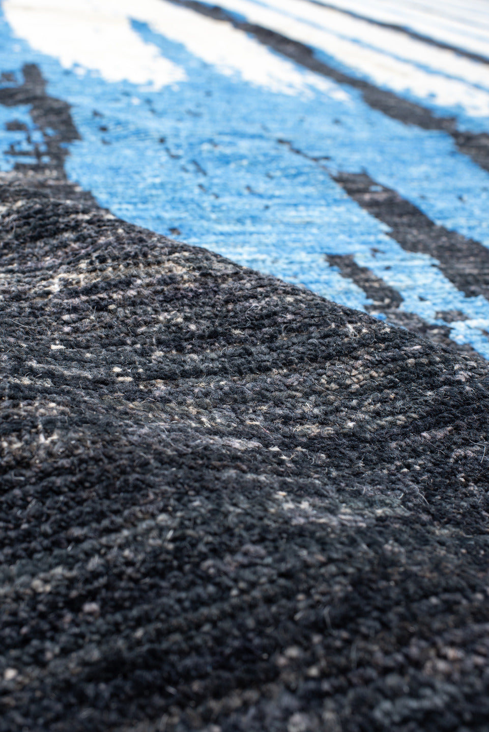 13' x 19' one-of-a-kind handmade vintage Tulu oversize rug. Color palette: ivory, charcoal, cobalt, sky_blue, gray, black