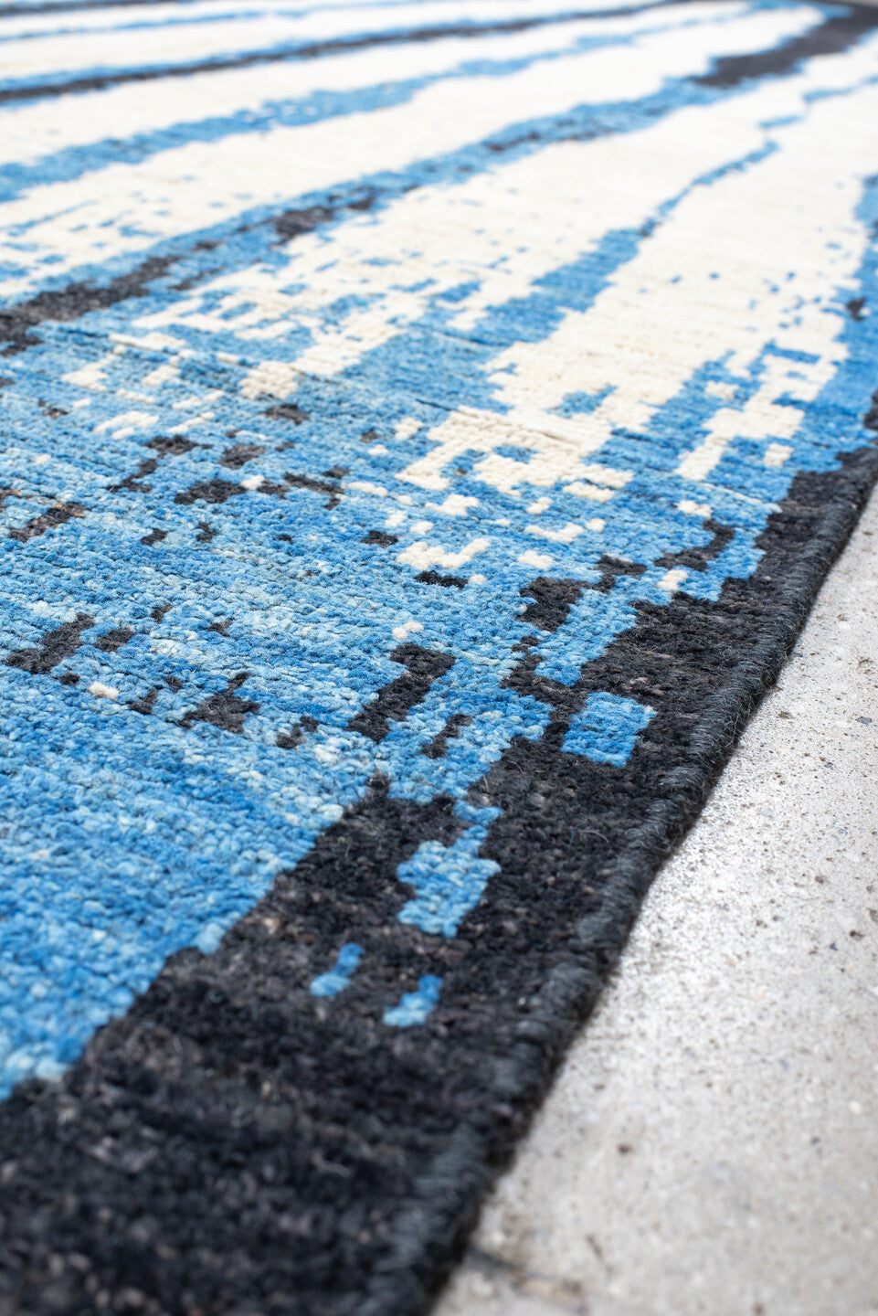 13' x 19' one-of-a-kind handmade vintage Tulu oversize rug. Color palette: ivory, charcoal, cobalt, sky_blue, gray, black