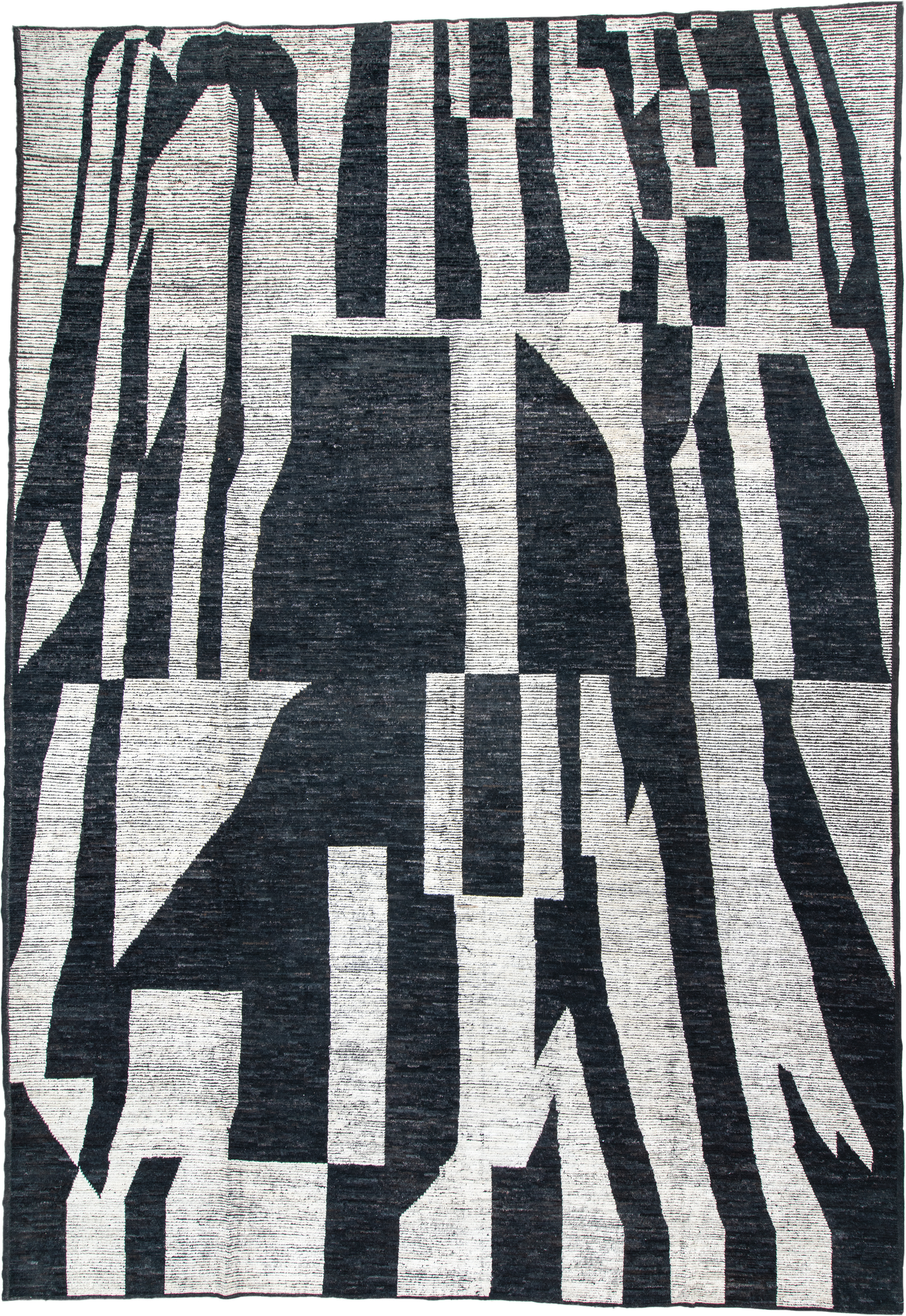 14' x 20' one-of-a-kind handmade vintage Tulu oversize rug. Color palette: ivory, charcoal, black, gray