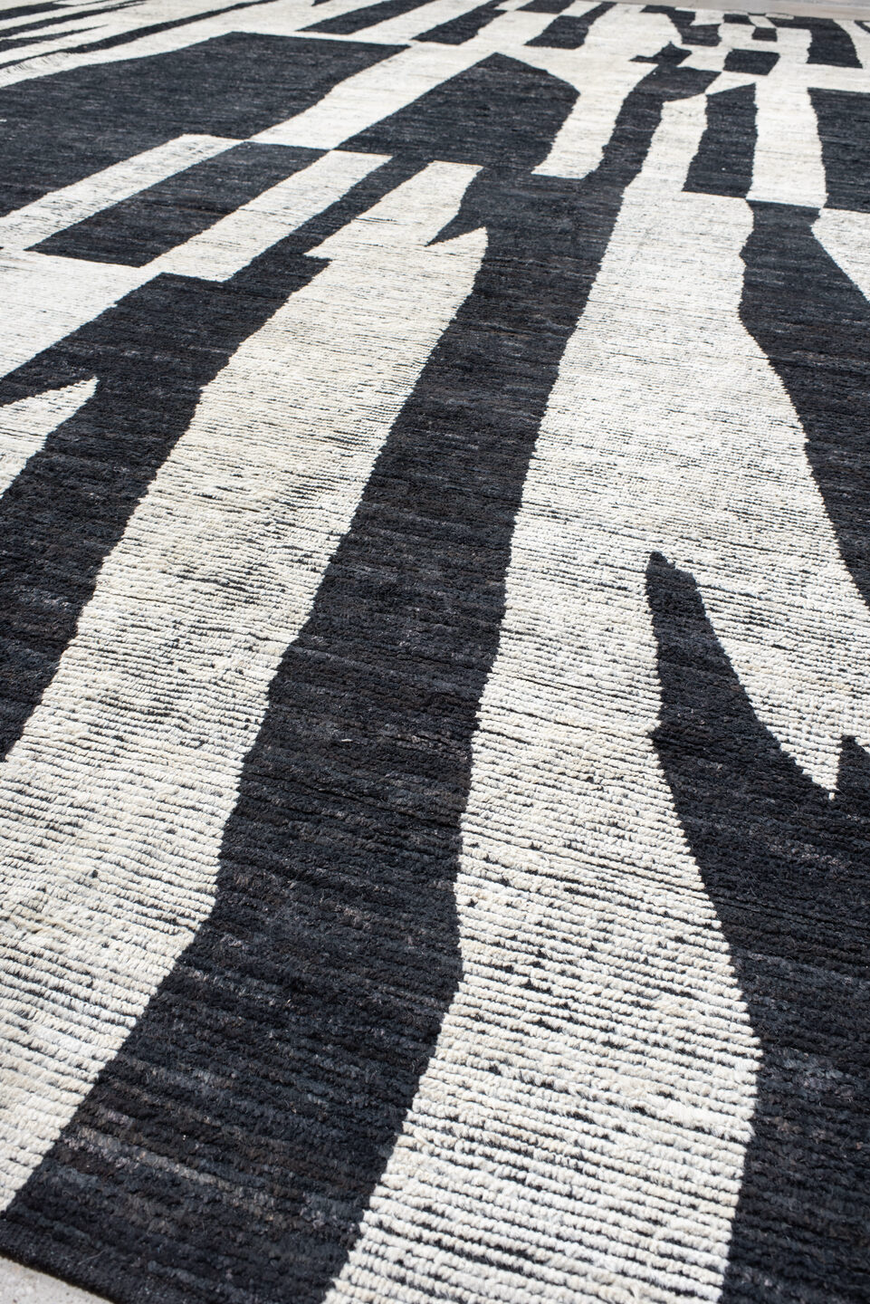 14' x 20' one-of-a-kind handmade vintage Tulu oversize rug. Color palette: black, blue, dark gray, dark slate gray, dim gray