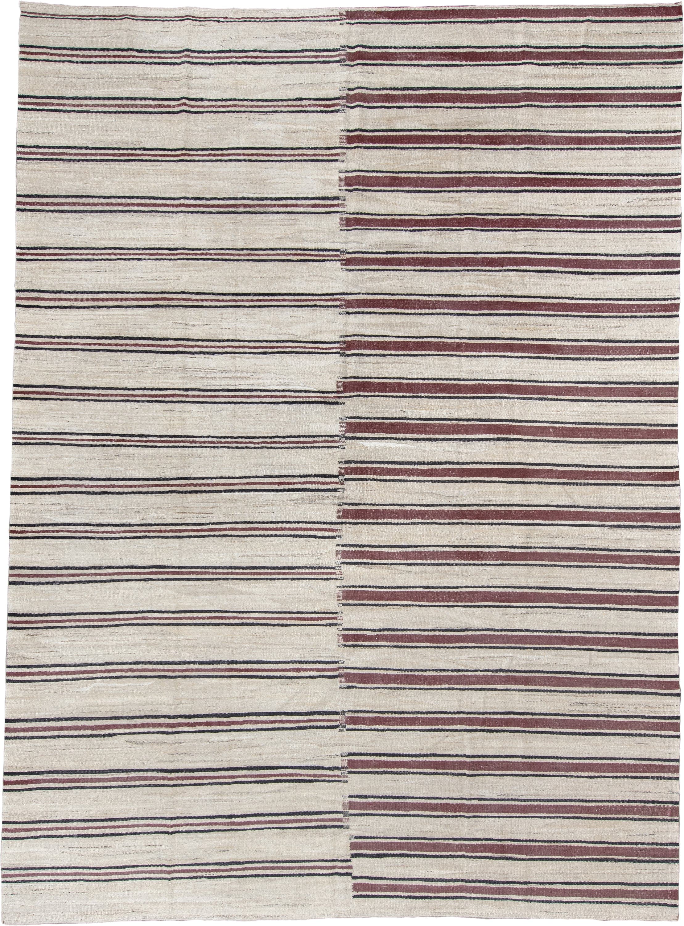 9' x 13' one-of-a-kind handmade vintage Kilim large size rug. Color palette: ivory, burgundy, charcoal, taupe, gray, black