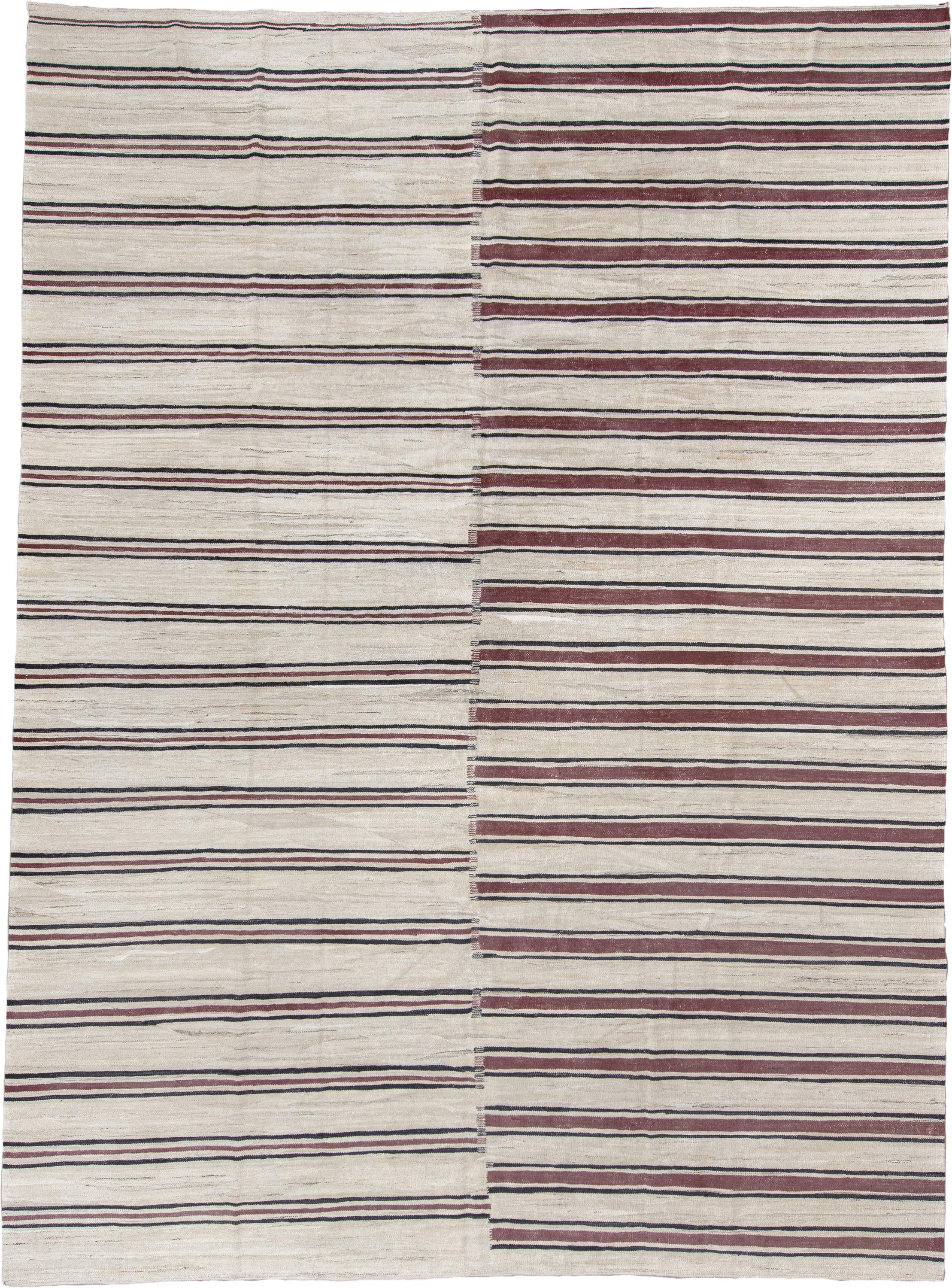 9' x 13' one-of-a-kind handmade vintage Kilim large size rug. Color palette: ivory, burgundy, charcoal, taupe, gray, black