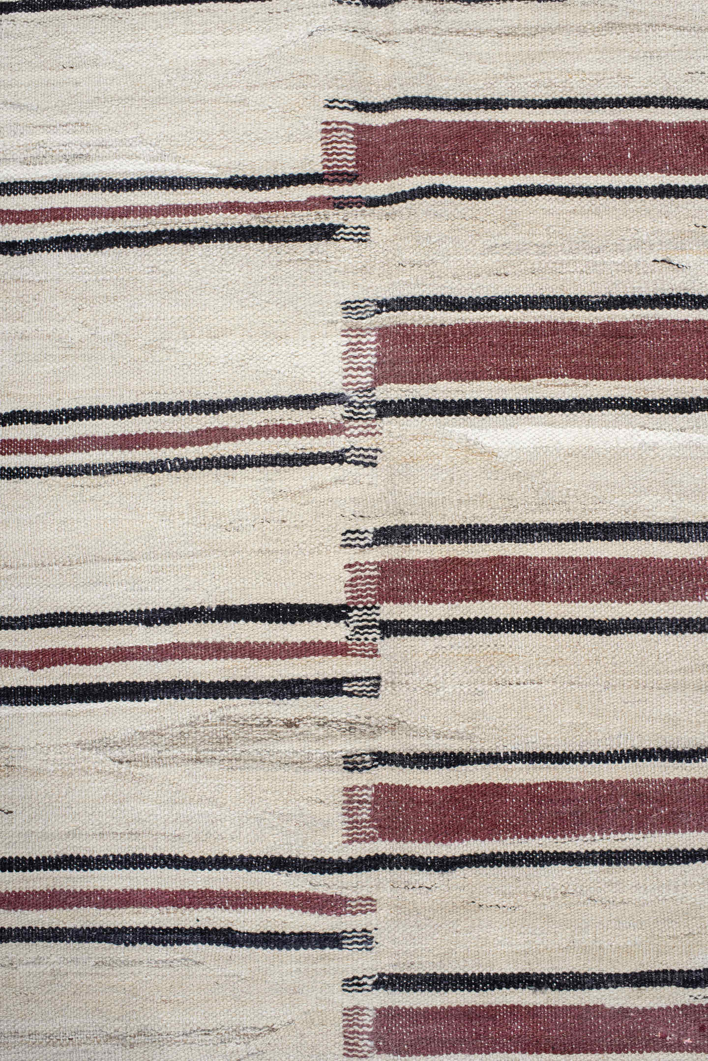 9' x 13' one-of-a-kind handmade vintage Kilim large size rug. Color palette: ivory, burgundy, charcoal, taupe, gray, black