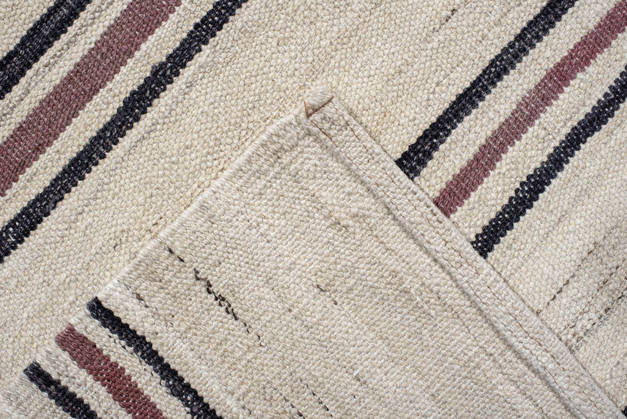 9' x 13' one-of-a-kind handmade vintage Kilim large size rug. Color palette: ivory, burgundy, charcoal, taupe, gray, black
