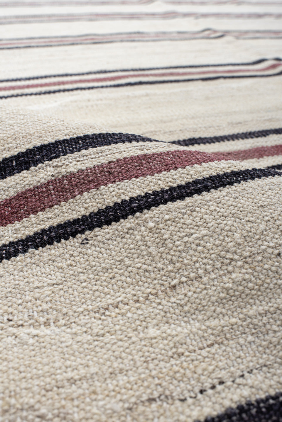 9' x 13' one-of-a-kind handmade vintage Kilim large size rug. Color palette: ivory, burgundy, charcoal, taupe, gray, black