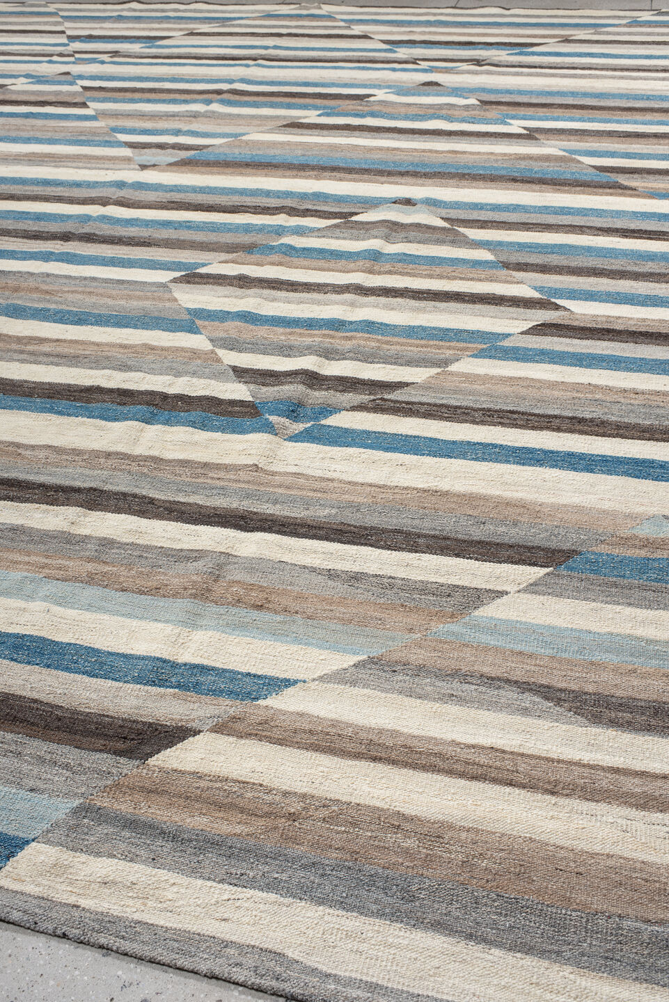 13' x 15' one-of-a-kind handmade vintage Kilim oversize rug. Color palette: ivory, taupe, charcoal, turquoise, gray, beige