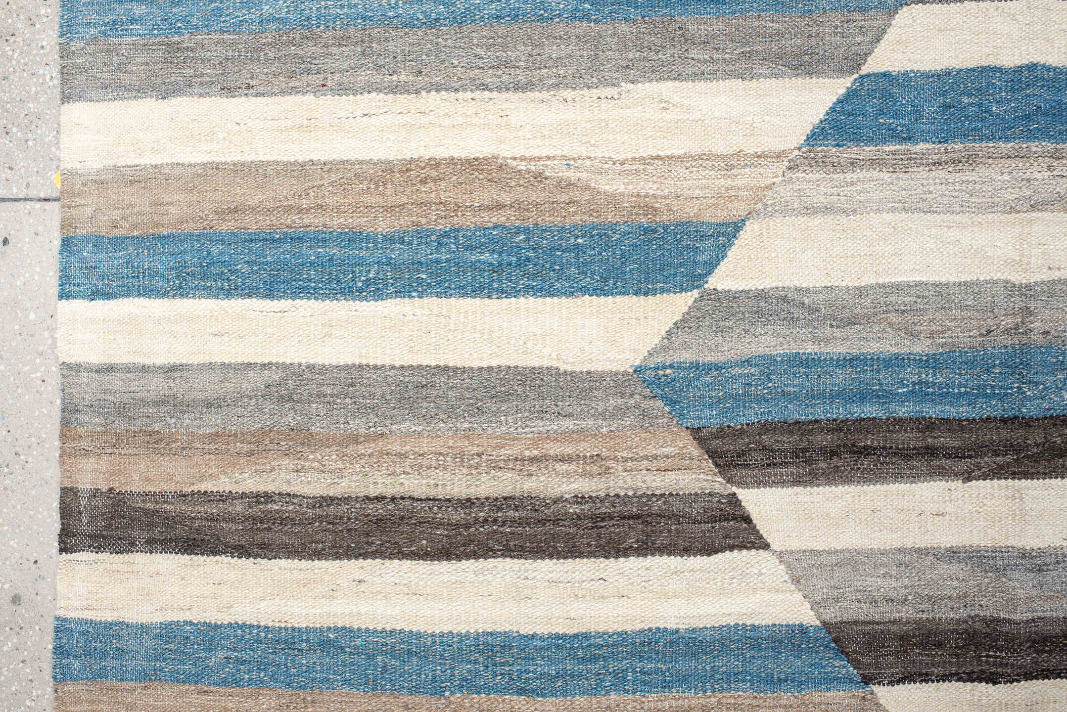 13' x 15' one-of-a-kind handmade vintage Kilim oversize rug. Color palette: ivory, taupe, charcoal, turquoise, gray, beige