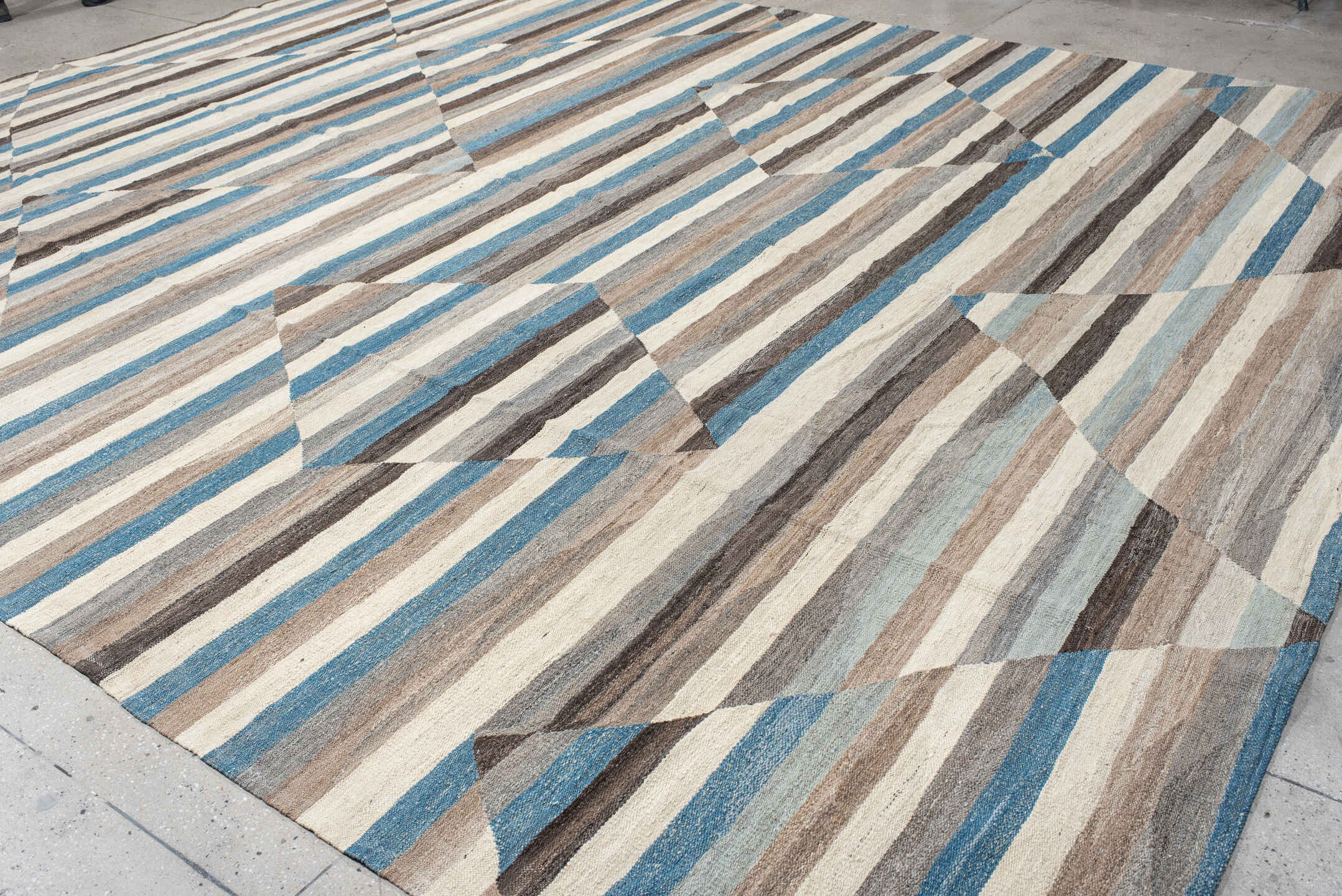 13' x 15' one-of-a-kind handmade vintage Kilim oversize rug. Color palette: ivory, taupe, charcoal, turquoise, gray, beige