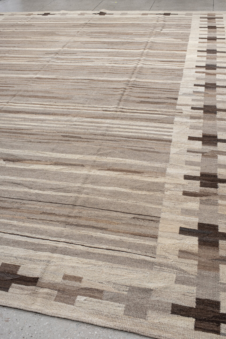 13' x 16' one-of-a-kind handmade vintage Kilim oversize rug. Color palette: taupe, ivory, cream, brown, beige, charcoal