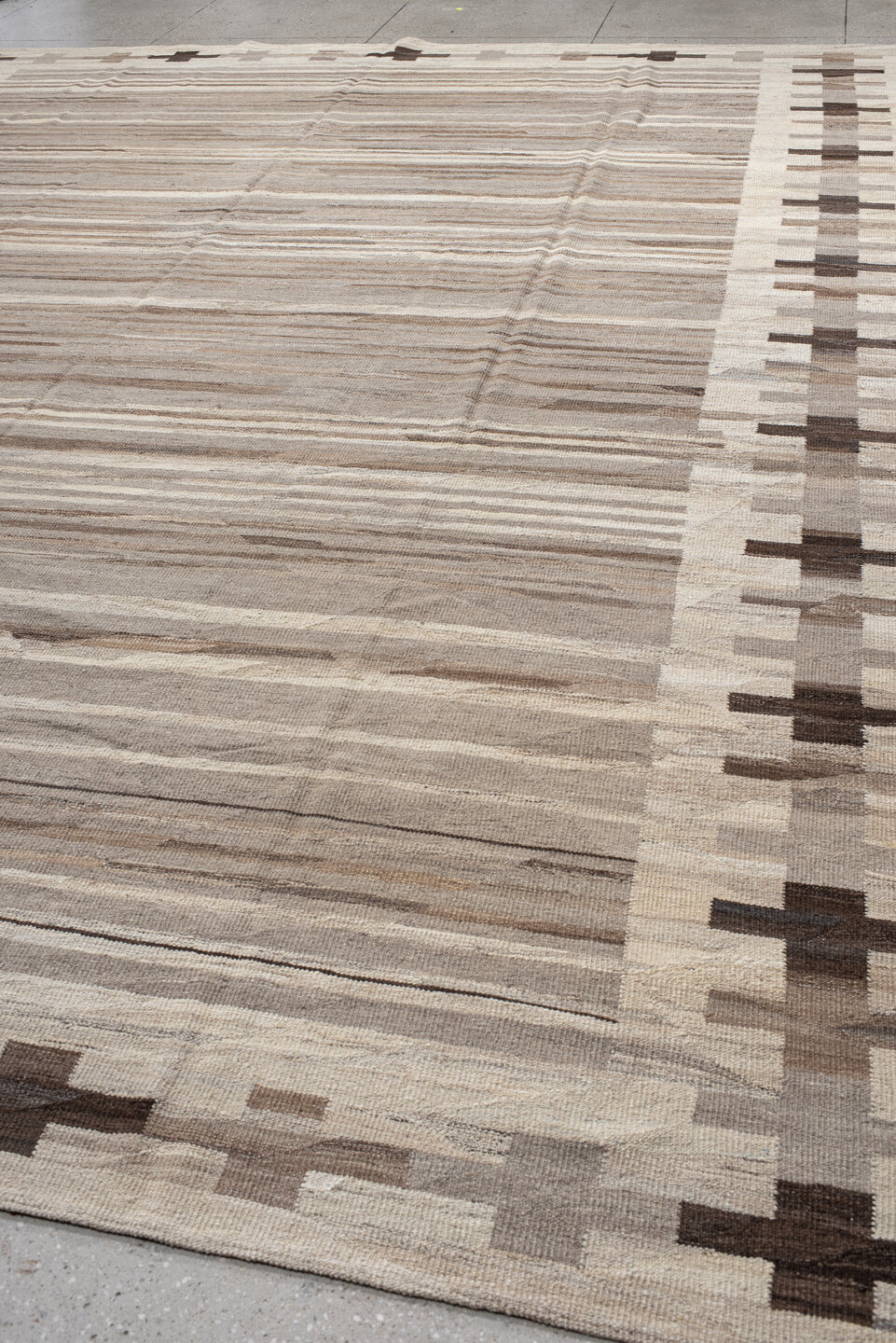 13' x 16' one-of-a-kind handmade vintage Kilim oversize rug. Color palette: brown, gray, light gray, off-white, pink