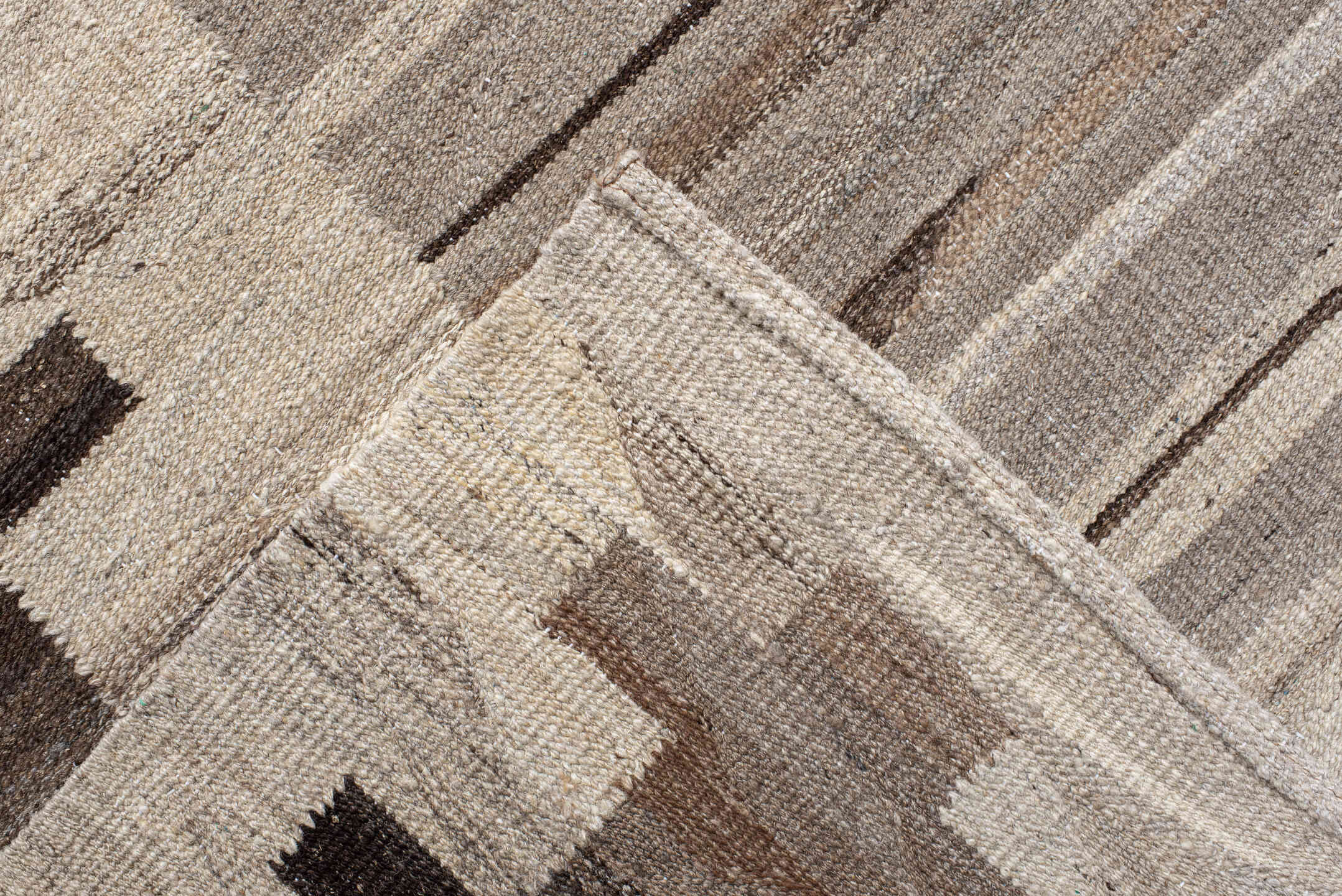 13' x 16' one-of-a-kind handmade vintage Kilim oversize rug. Color palette: taupe, ivory, cream, brown, beige, charcoal