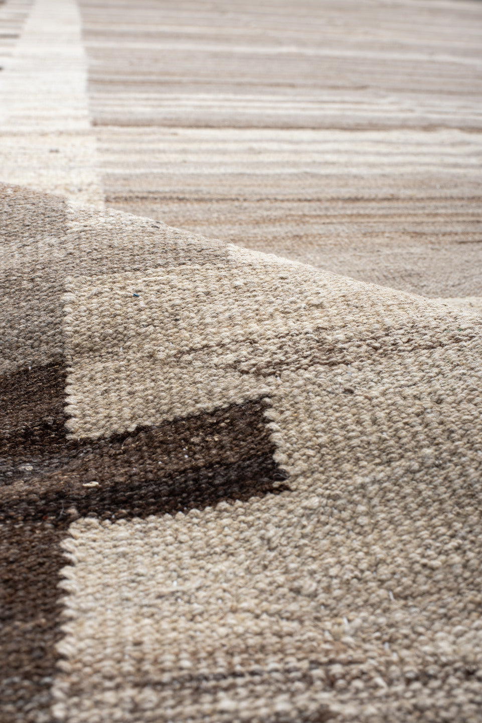 13' x 16' one-of-a-kind handmade vintage Kilim oversize rug. Color palette: taupe, ivory, cream, brown, beige, charcoal