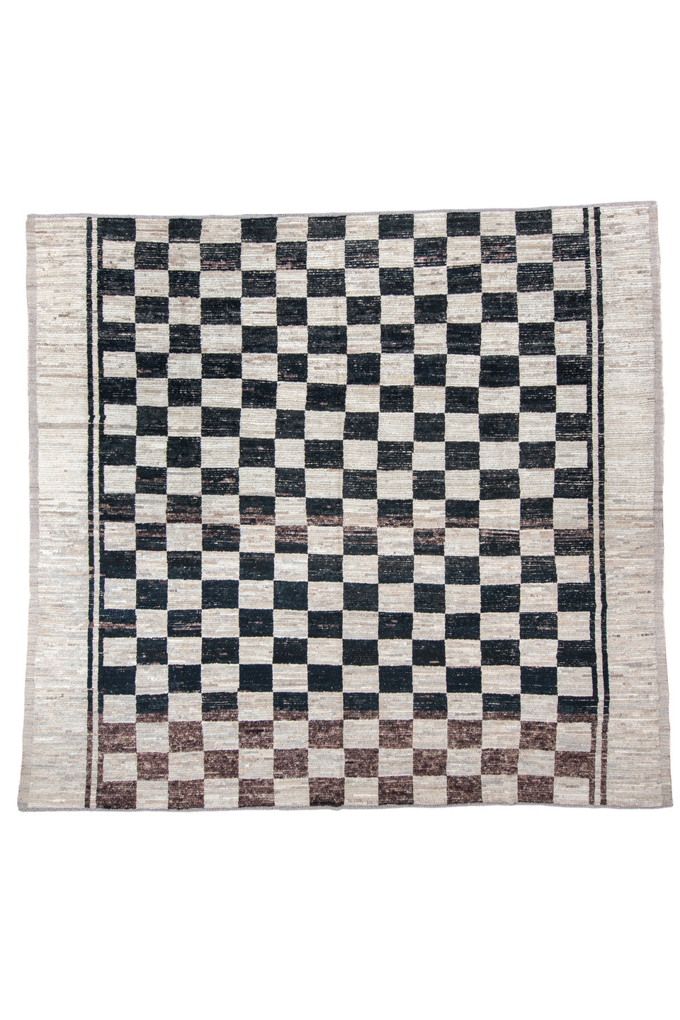 11' x 12' one-of-a-kind handmade vintage Tulu oversize rug. Color palette: black, blue, charcoal, dark gray, gray