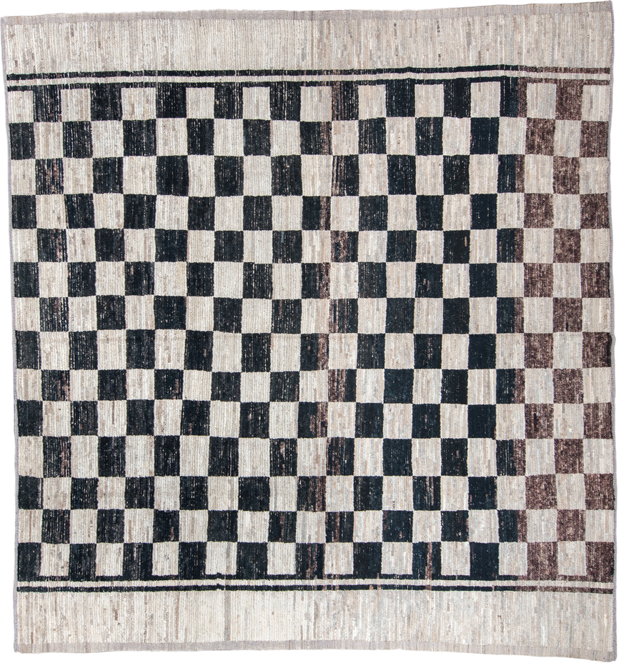 11' x 12' one-of-a-kind handmade vintage Tulu oversize rug. Color palette: black, blue, charcoal, dark gray, gray