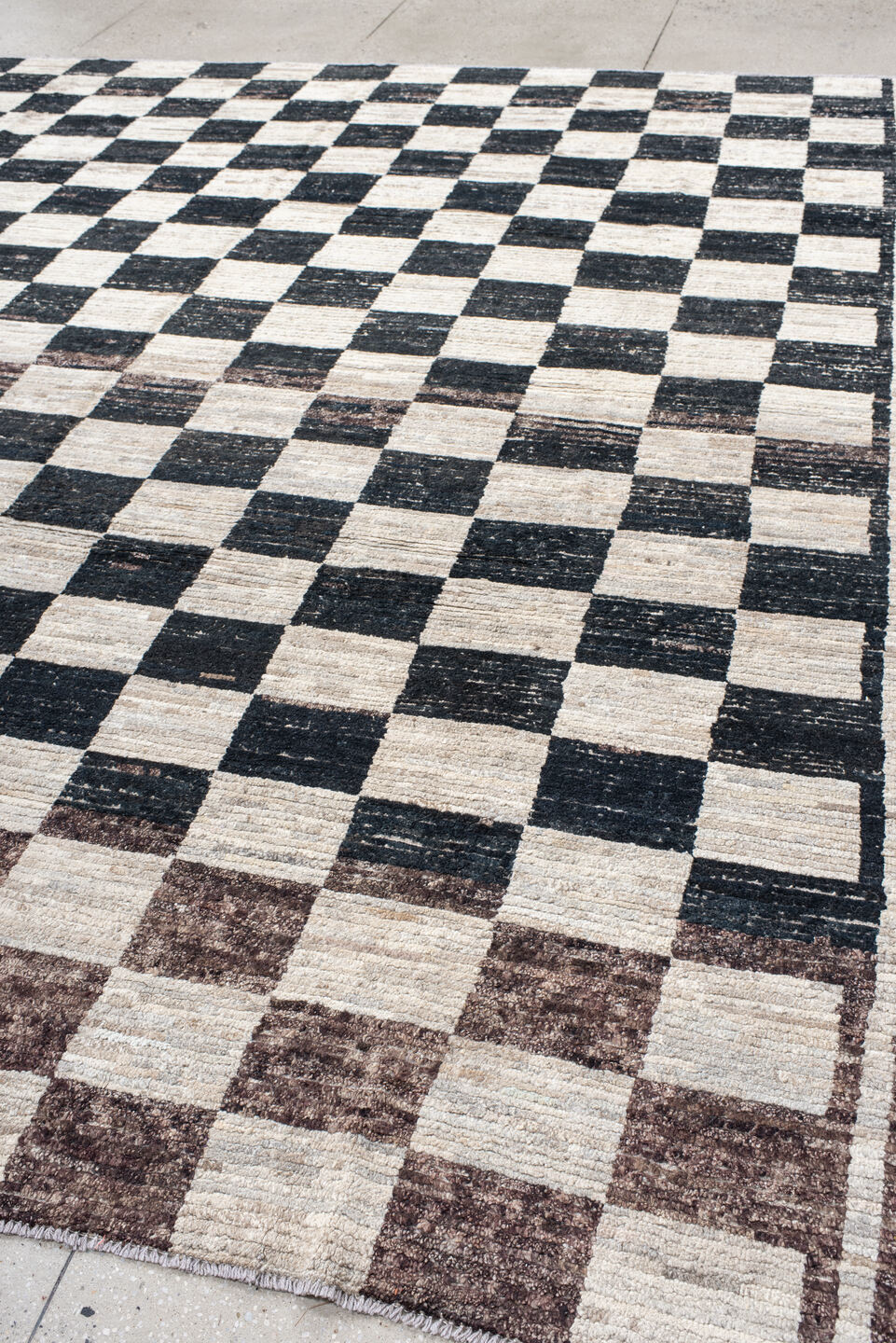 11' x 12' one-of-a-kind handmade vintage Tulu oversize rug. Color palette: black, blue, charcoal, dark gray, gray