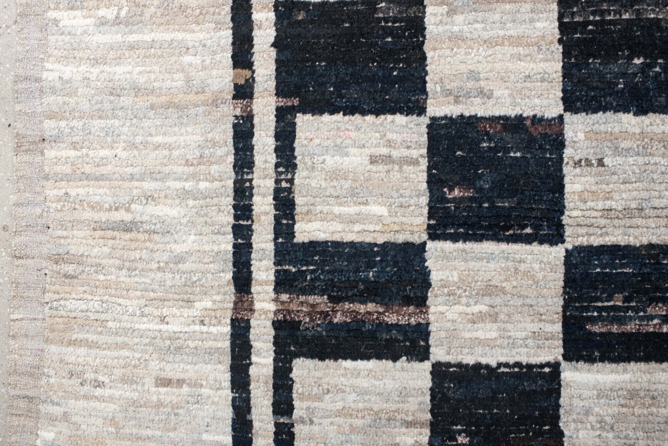 11' x 12' one-of-a-kind handmade vintage Tulu oversize rug. Color palette: ivory, charcoal, taupe, brown, gray, black, beige