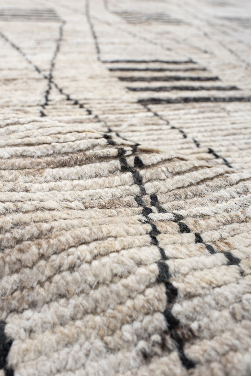 12' x 17' one-of-a-kind handmade vintage Tulu oversize rug. Color palette: ivory, charcoal, taupe, gray, black, beige