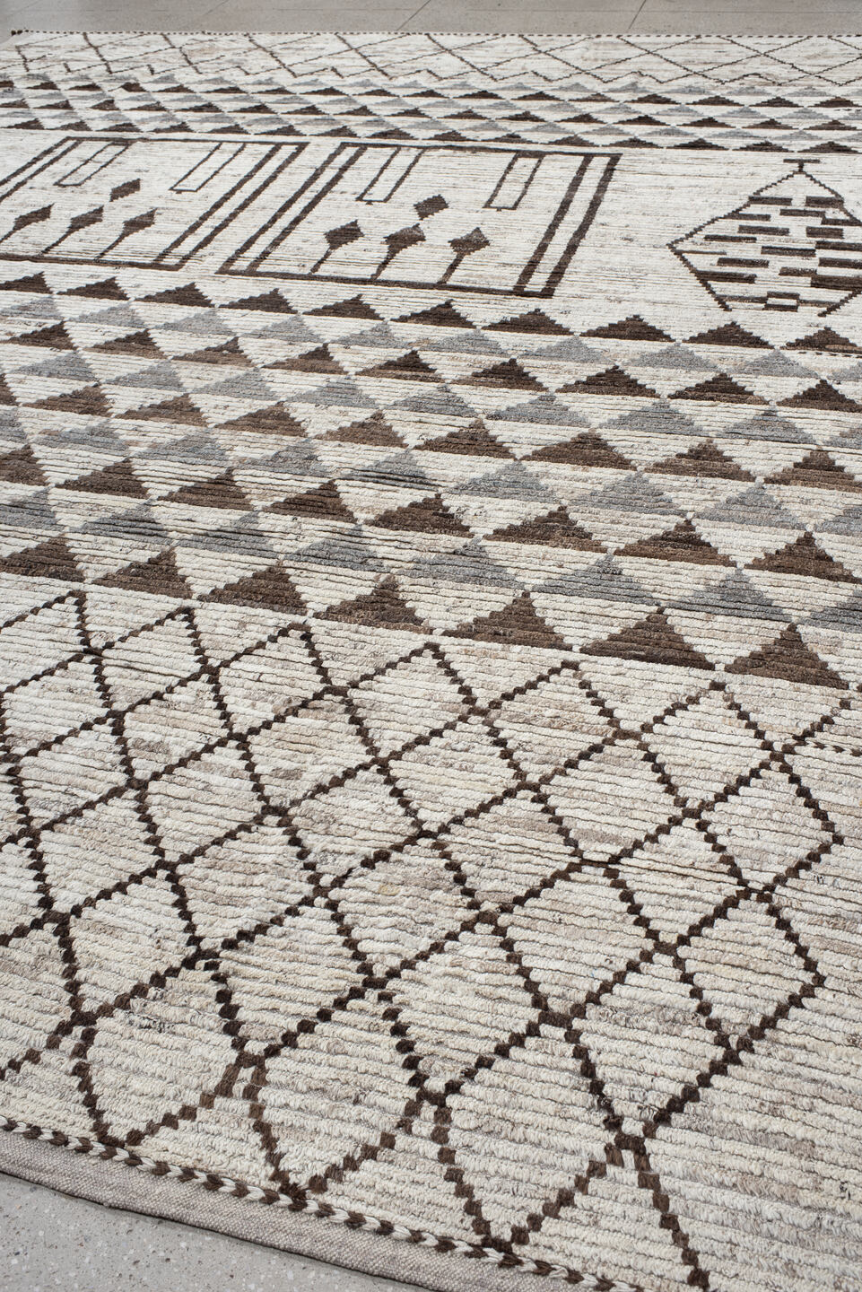 12' x 15' one-of-a-kind handmade vintage Tulu oversize rug. Color palette: ivory, brown, gray, taupe, beige