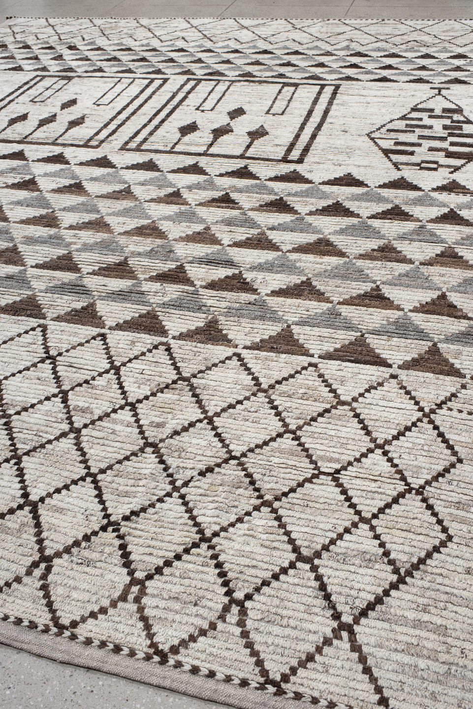 12' x 15' one-of-a-kind handmade vintage Tulu oversize rug. Color palette: brown, dark gray, dim gray, gainsboro, gray