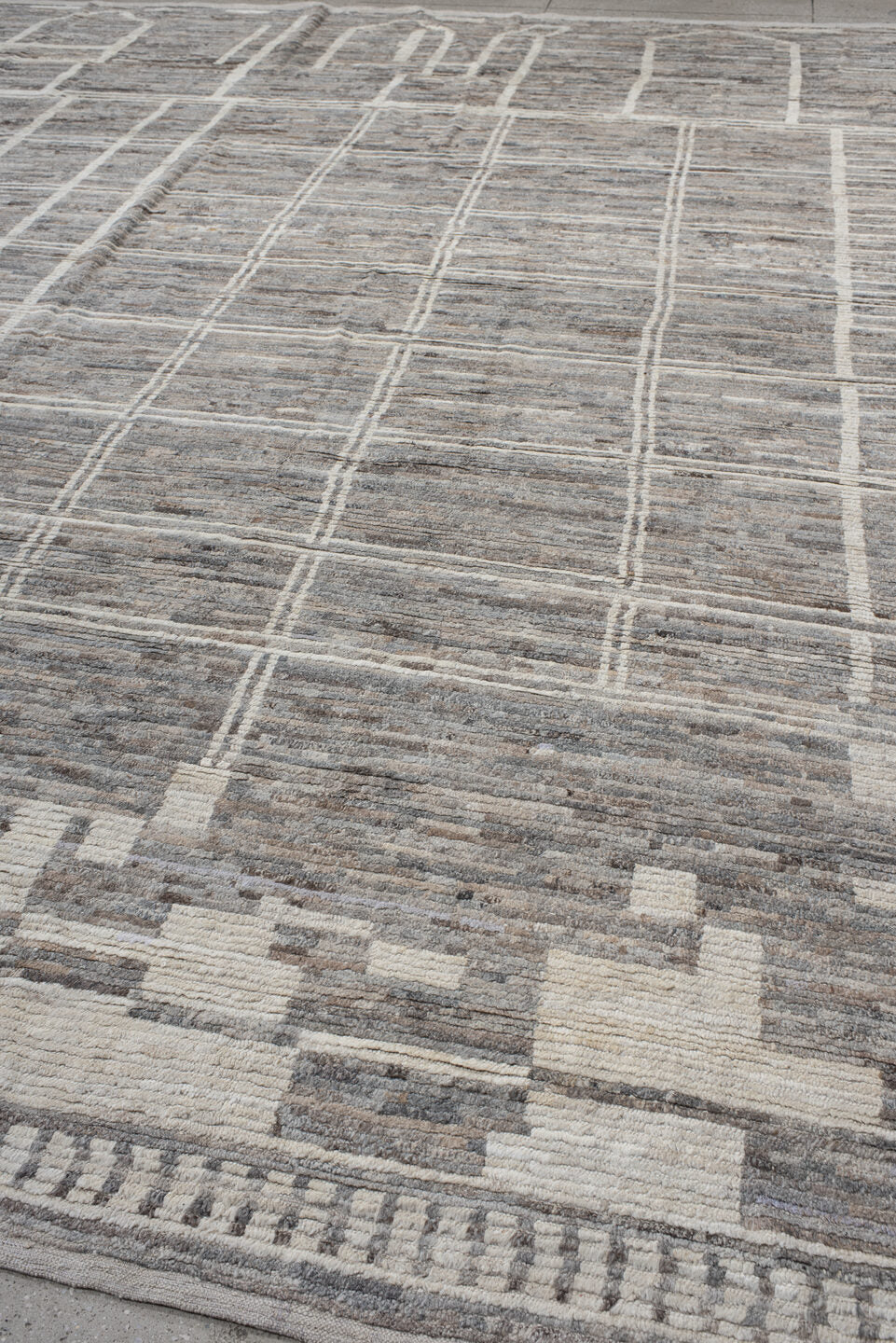 13' x 15' one-of-a-kind handmade vintage Tulu oversize rug. Color palette: gray, ivory, taupe, cream, greige, beige
