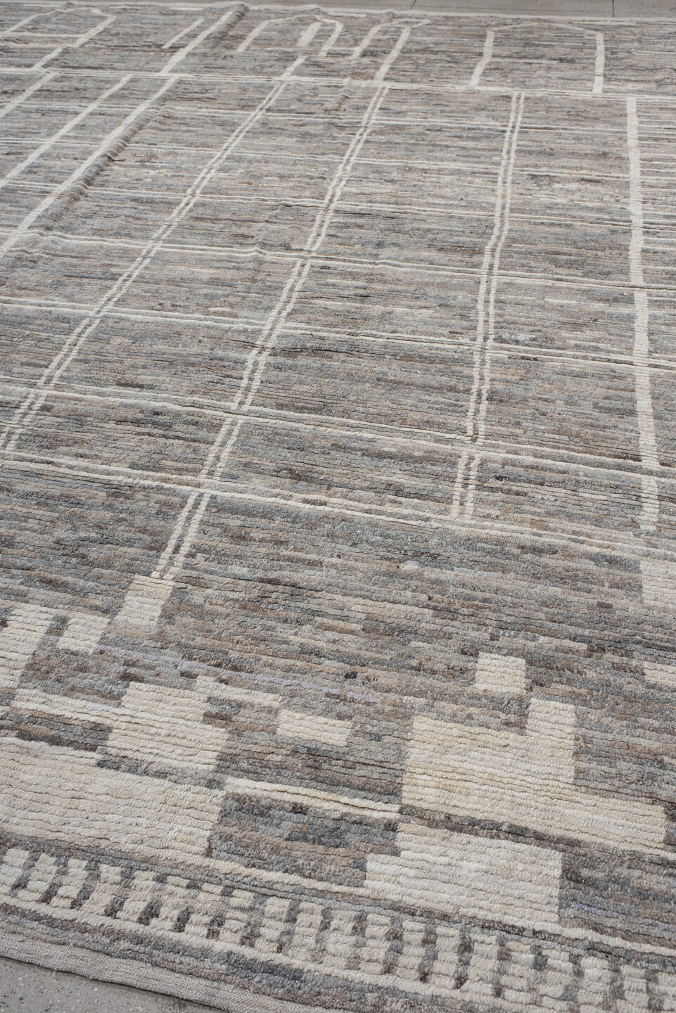 13' x 15' one-of-a-kind handmade vintage Tulu oversize rug. Color palette: dark gray, dim gray, gainsboro, gray, light gray