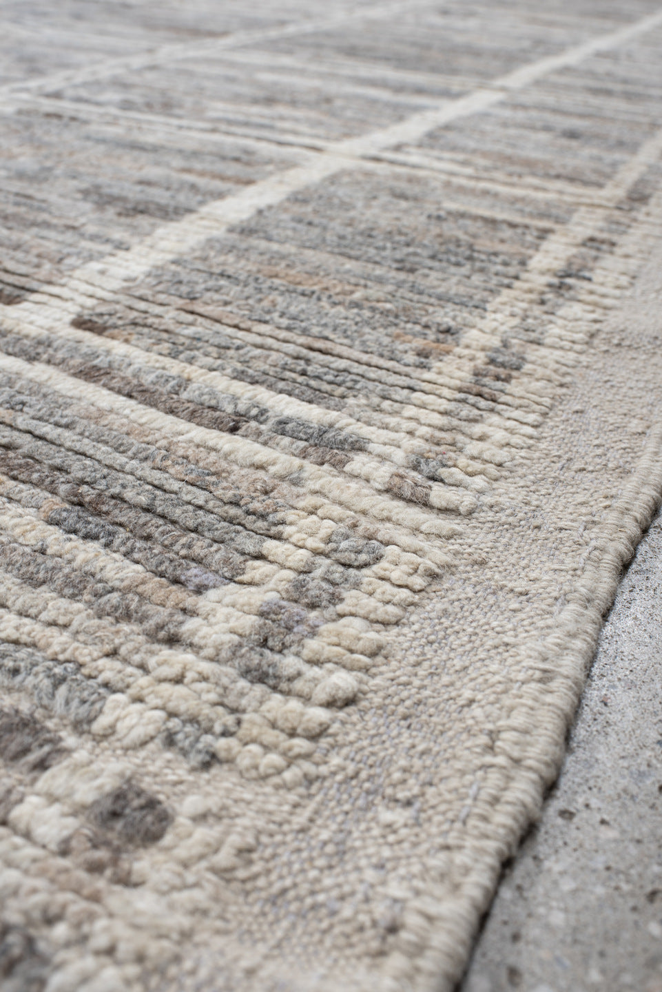 13' x 15' one-of-a-kind handmade vintage Tulu oversize rug. Color palette: gray, ivory, taupe, cream, greige, beige