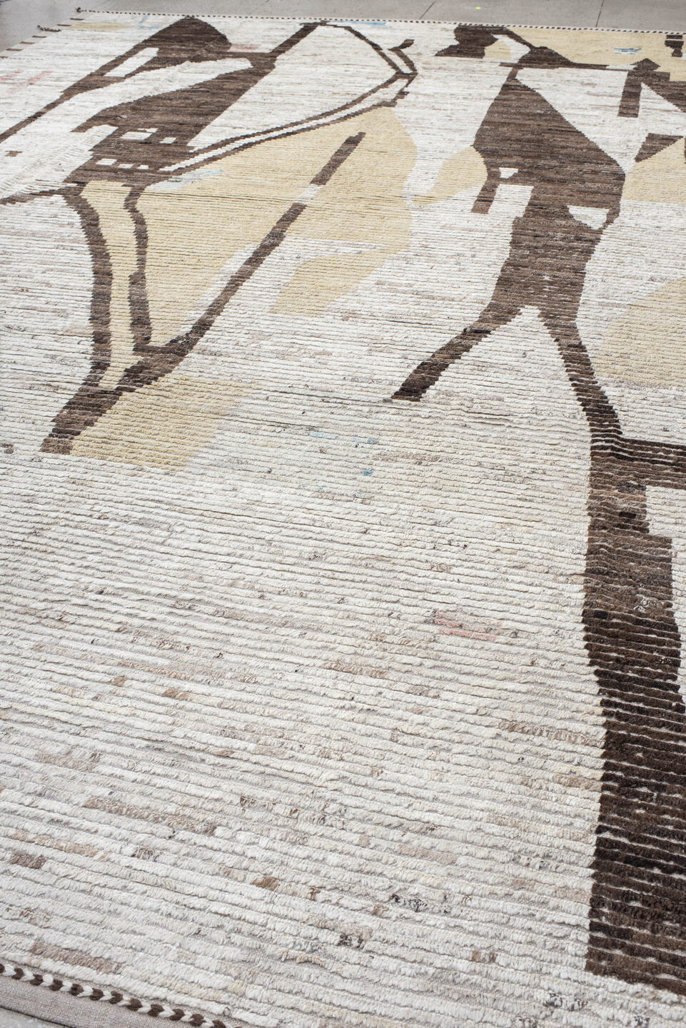 13' x 17' one-of-a-kind handmade vintage Tulu oversize rug. Color palette: ivory, brown, camel, taupe, cream, blush