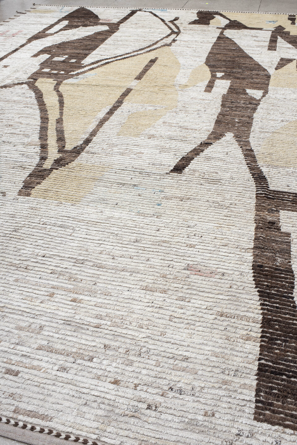 13' x 17' one-of-a-kind handmade vintage Tulu oversize rug. Color palette: brown, dark gray, gainsboro, gray, light gray