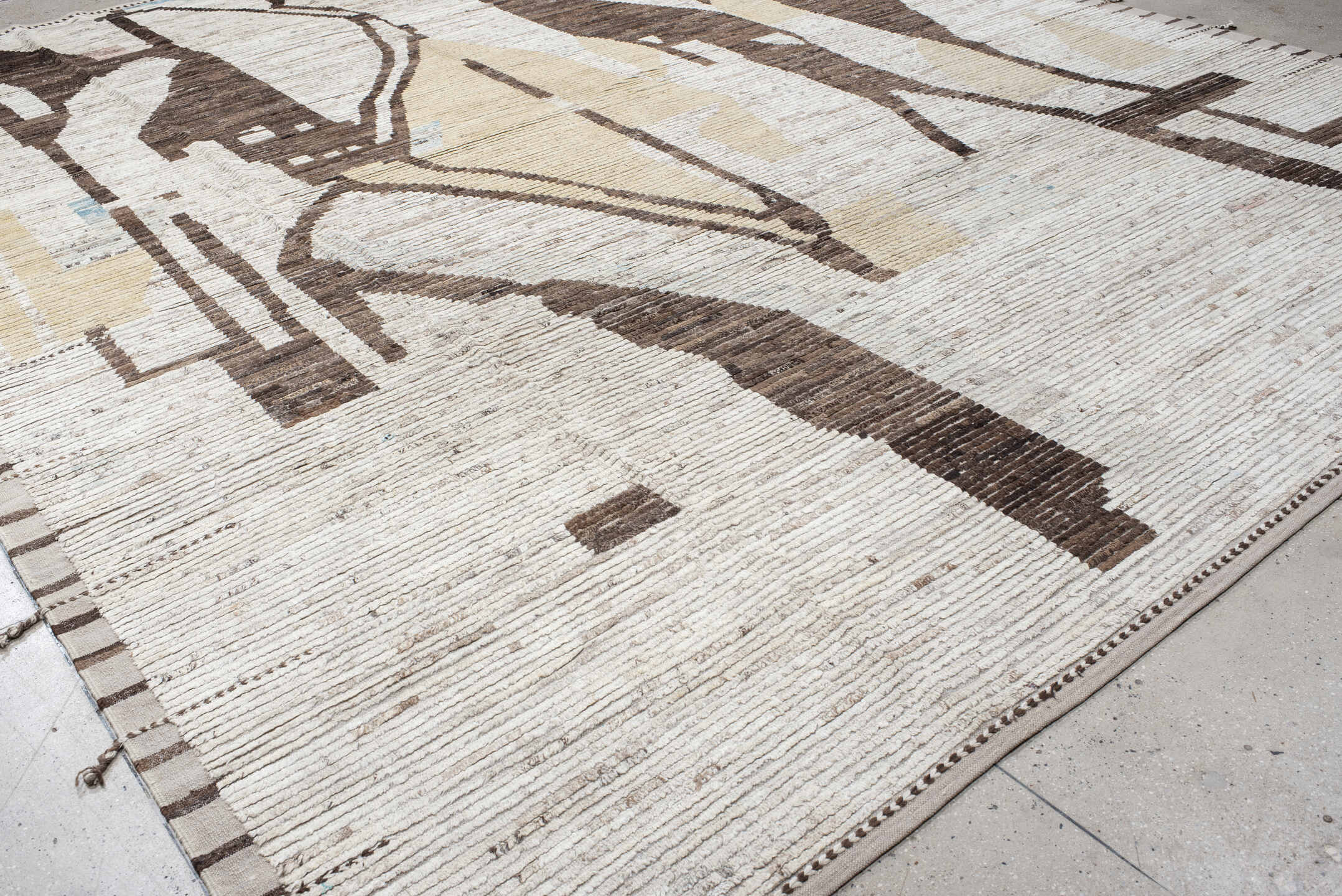 13' x 17' one-of-a-kind handmade vintage Tulu oversize rug. Color palette: ivory, brown, camel, taupe, cream, blush