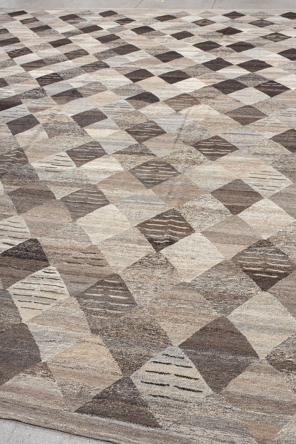 12' x 16' one-of-a-kind handmade vintage Kilim oversize rug. Color palette: taupe, ivory, charcoal, beige, gray, cream